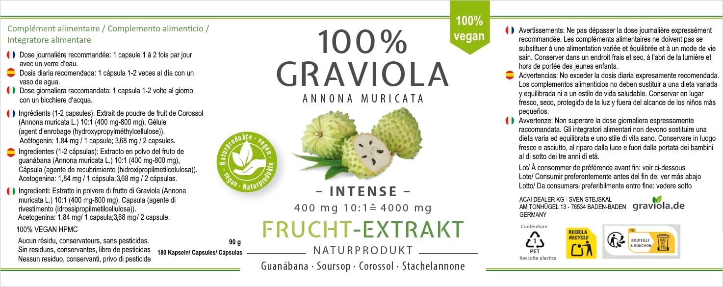 100% GRAVIOLA FRUCHT-EXTRAKT 4000 mg/Ohne Pestizide -10 :1 Hochdosiert- 180 Kapseln á 400 mg, ohne Pestizide, Zusätze, Rieselhilfen. Direkt vom Hersteller Graviola.de.
