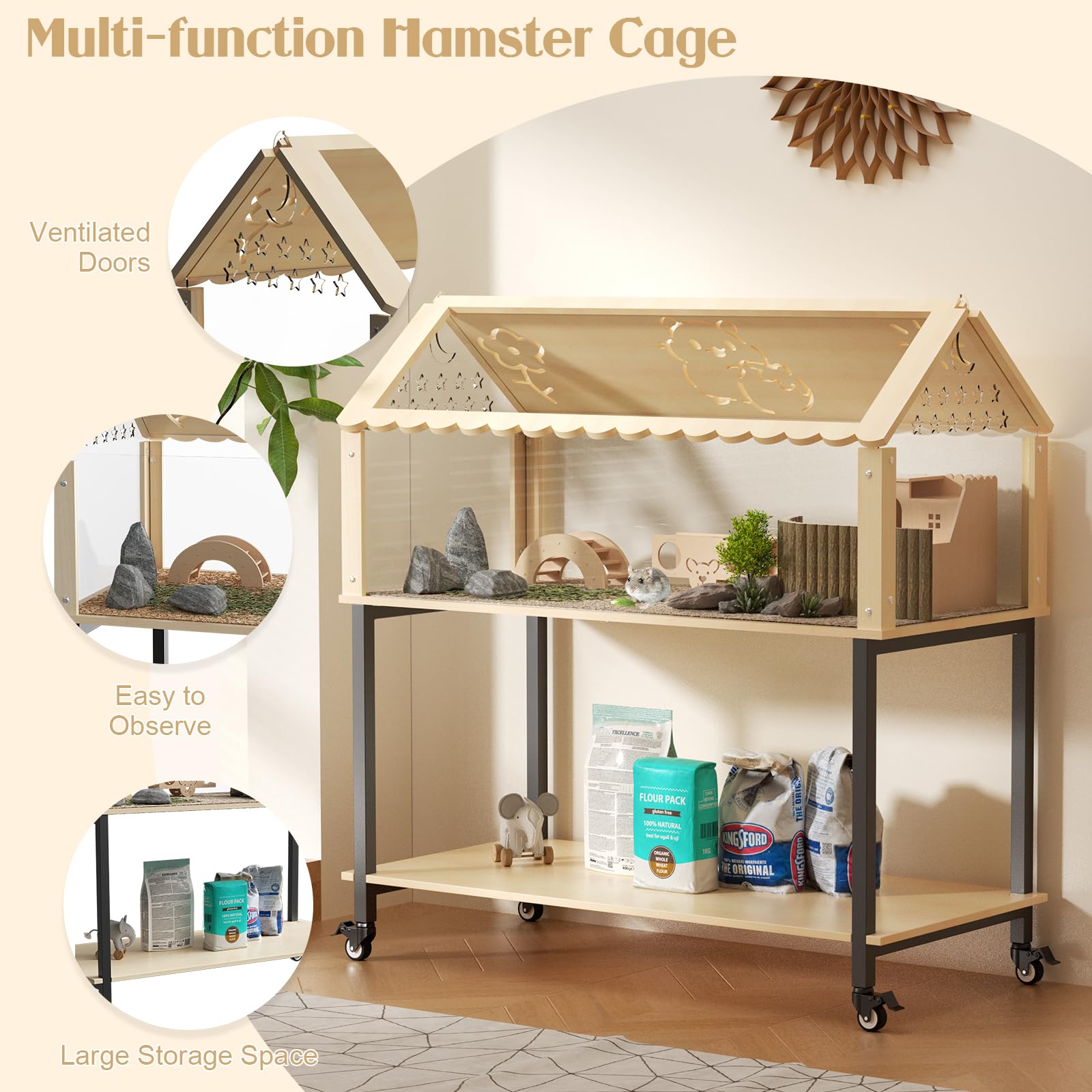Jaula de madera para hámster pequeña para roedores con escondite, puente de arco y paso, jaula transparente para hámsters enanos, roedores, ratones