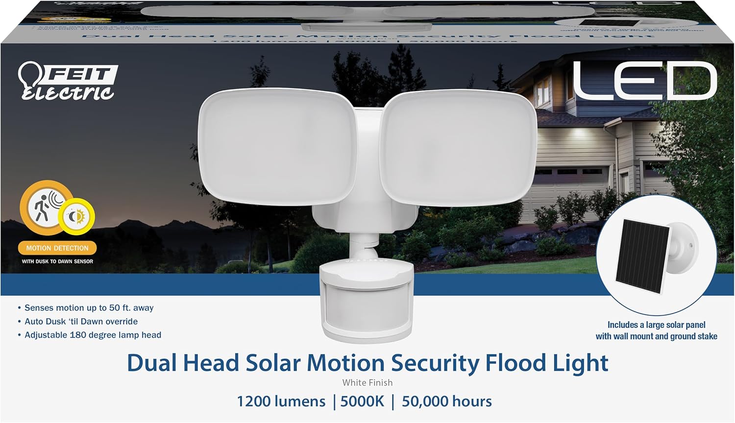 Feit Electric Outdoor Dual Head Solar LED Security Light, Motion Sensor, Dusk to Dawn Photocell Sensor, 5000K Daylight, Weather & Rust Resistant, 1200 Lumen, 50,000-Hour Lifetime, S9.5/1200/850/SOL/WH