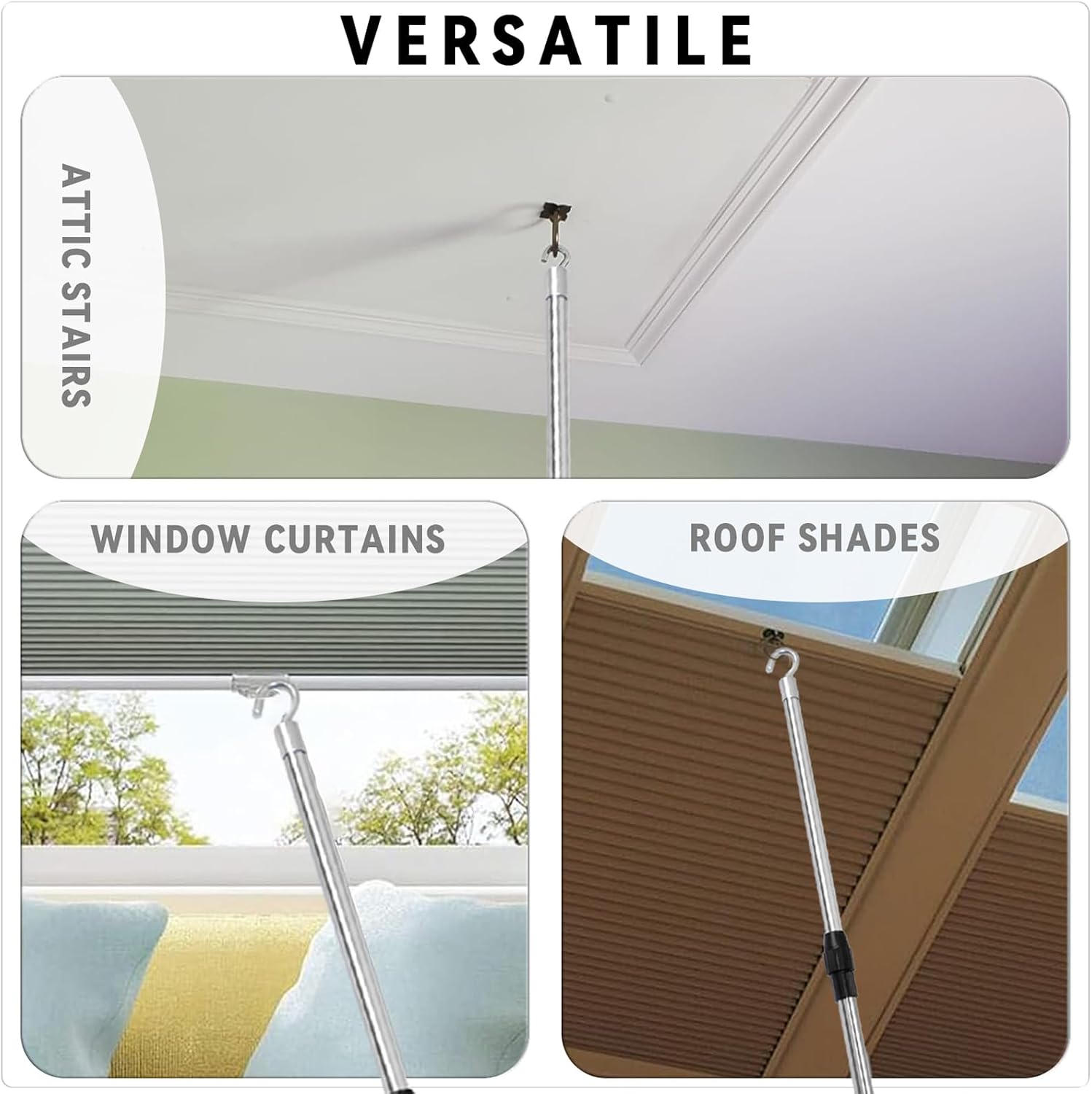 Attic Ladder Pull Down System，Attic Pull Down Hook with Extendable （16-36）Inch Stainless Steel Extension Pole and Hook Kit
