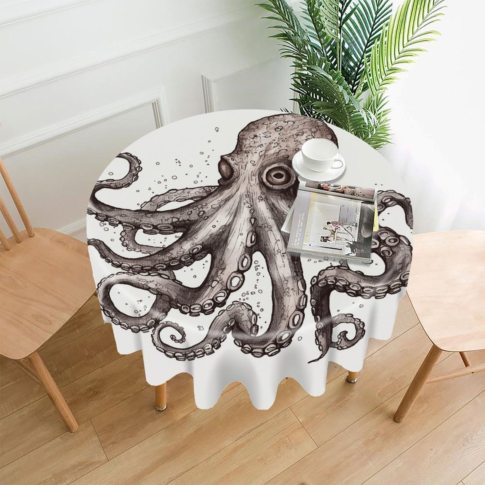MUSM 60 Inch Octopus Round Tablecloth Wipeable Washable Table Cover for Kitchen and Dining Room Decorative Table Cloth for Party Holiday Picnic Outdoor