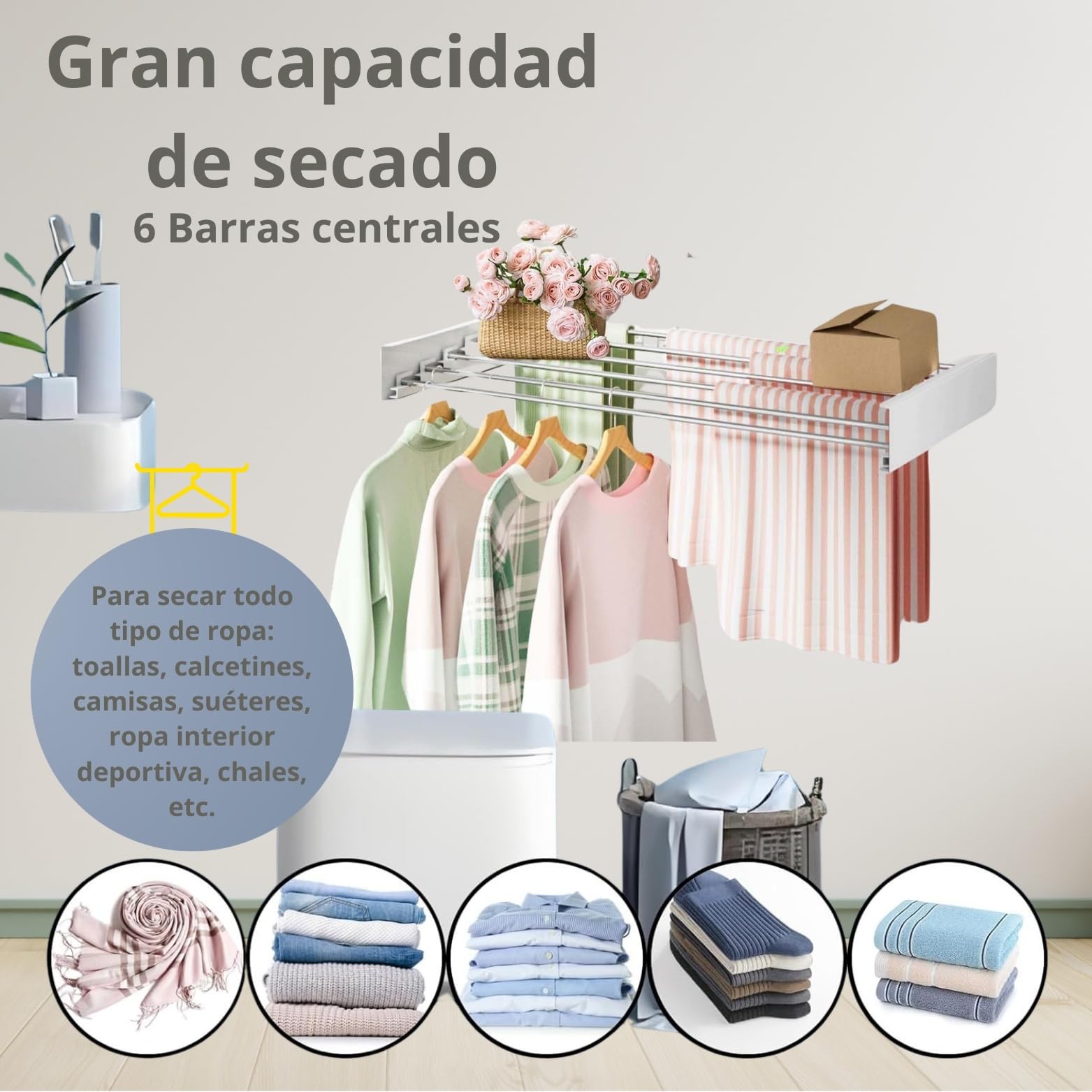 Tendedero Plegable de Pared – Tendedero Extensible retráctil Interior y Exterior – Tendederos Plegables de Pared Soporta 30 kg – Incluye Plantilla, Tornillos y 24 Pinzas – (Blanco, 120)