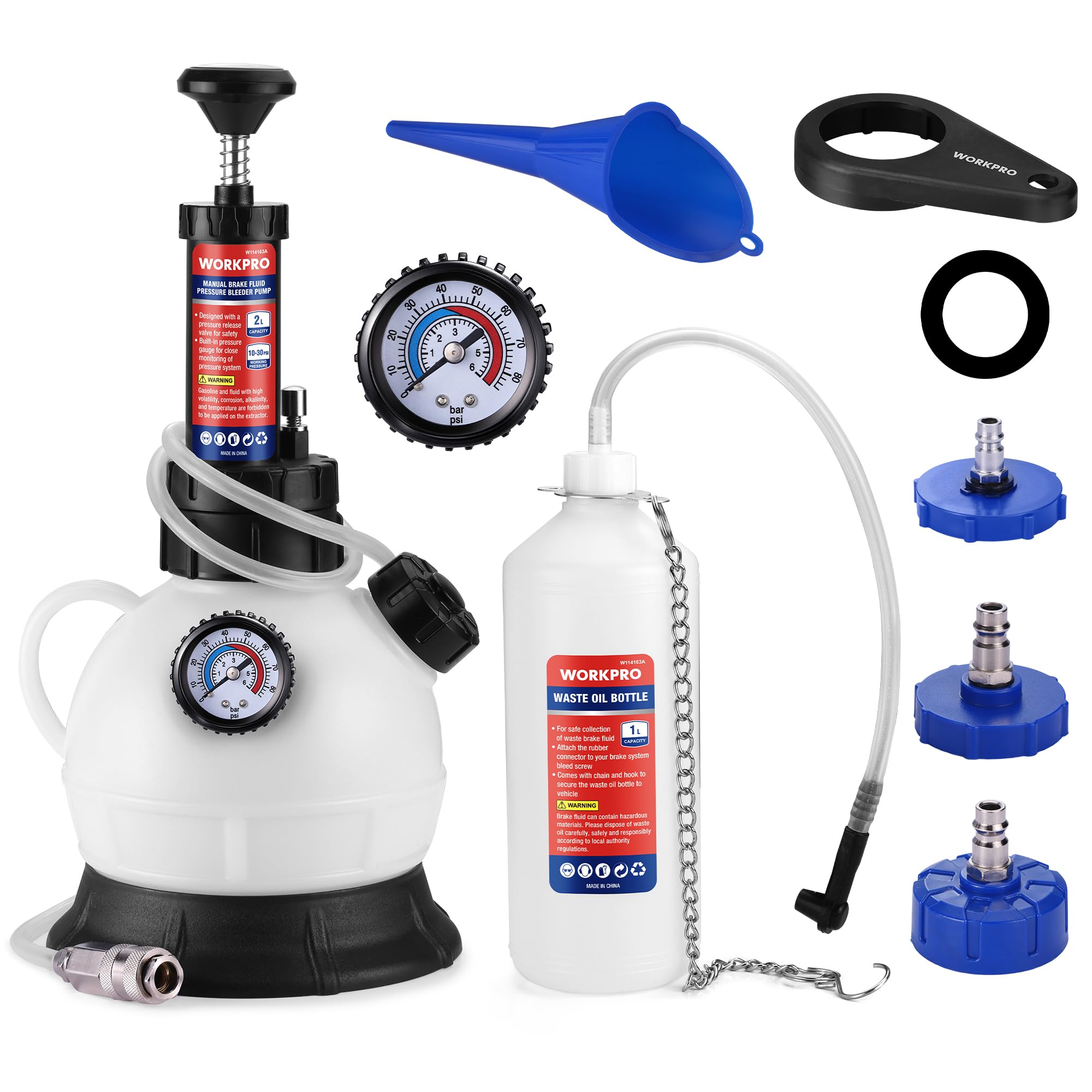 WORKPRO 2L Manual Brake Bleeder Kit, One Person Brake Fluid Vacuum Pump with 1L Brake Bleeder Bottle, 3 Master Cylinder Adapters & Funnel, Professional Brake Bleeding Tool for Most Vehicles
