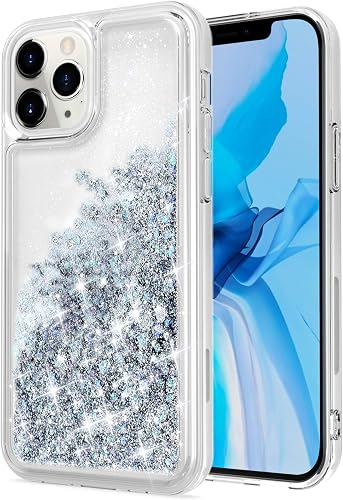 Compatible with iPhone 12 Case and iPhone 12 Pro Case,Bling Flowing Liquid Floating Sparkle Colorful Glitter Waterfall TPU Protective Phone Case 6.1 inch, Silver