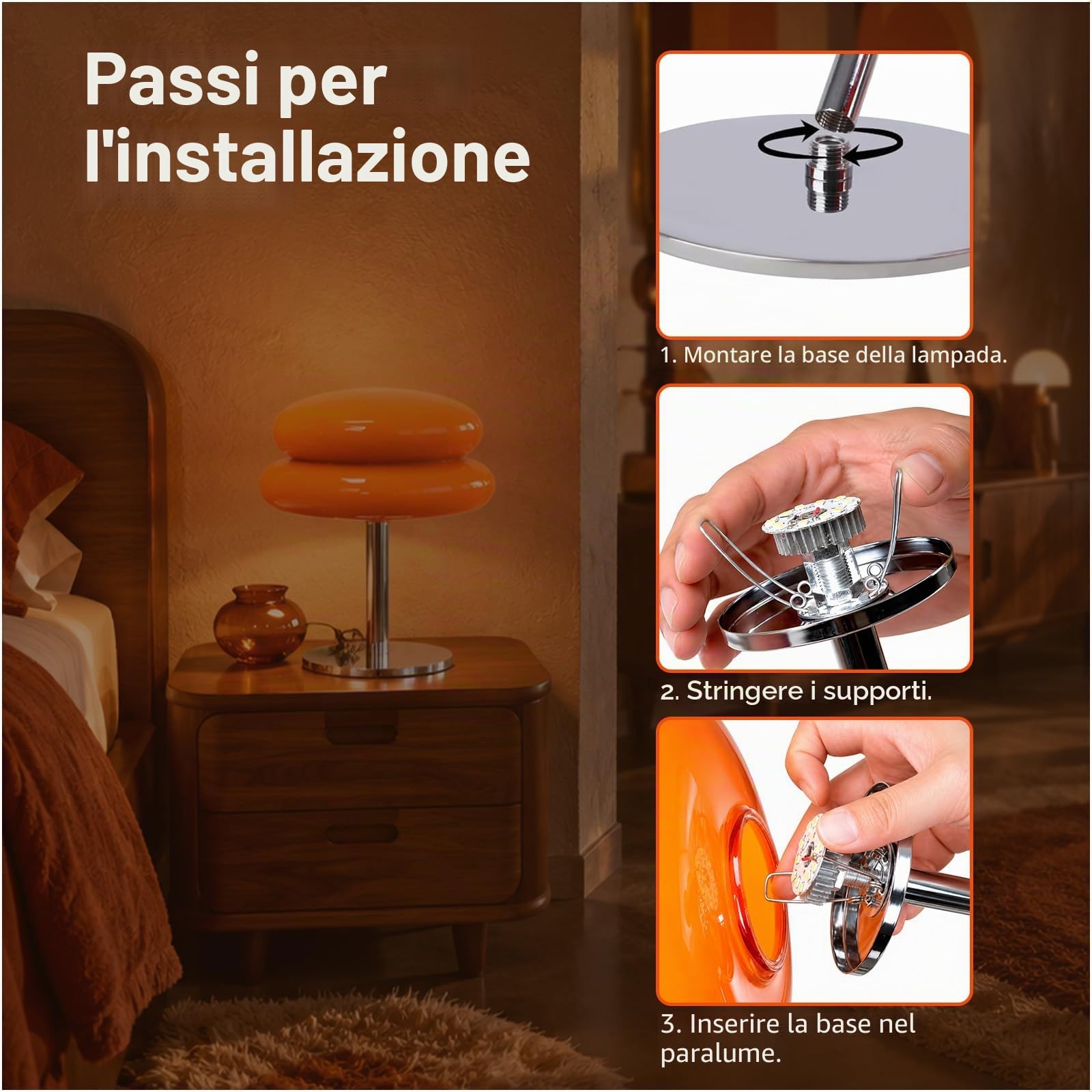 MMOBIEL Lampada a Fungo Arancione Lampada da Tavolo Mid Century con luce LED Dimmerabile con Cavo – Per Camera da Letto, Soggiorno, Decorazione Casa & Interni – In Vetro, Luce Calda & Atmosfera
