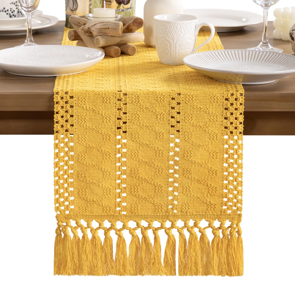 MLMW Boho Table Runner 48 inches Small Coffee Table Runner Short Table Runners with Tassels Dresser Runners for Bedroom Living Room Home Decor,Gold