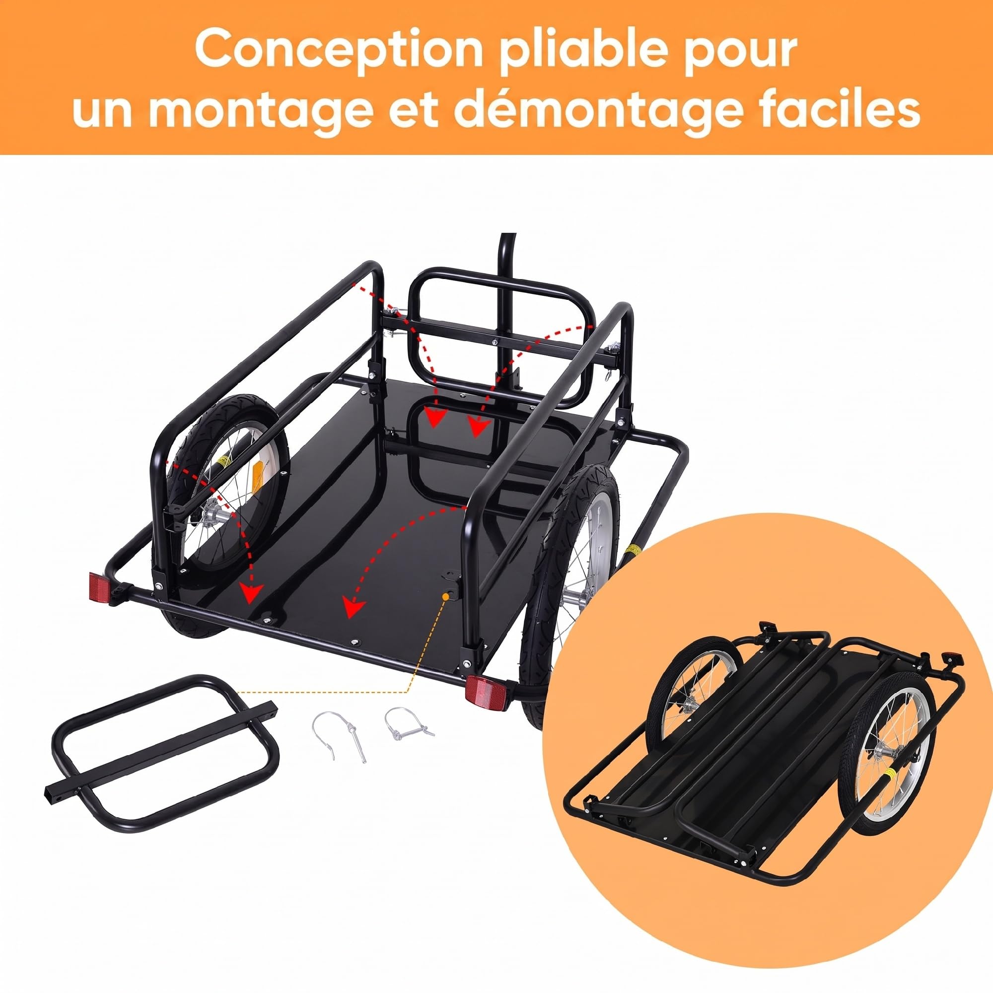Remorque vélo pliable barre d'attelage universelle acier noir