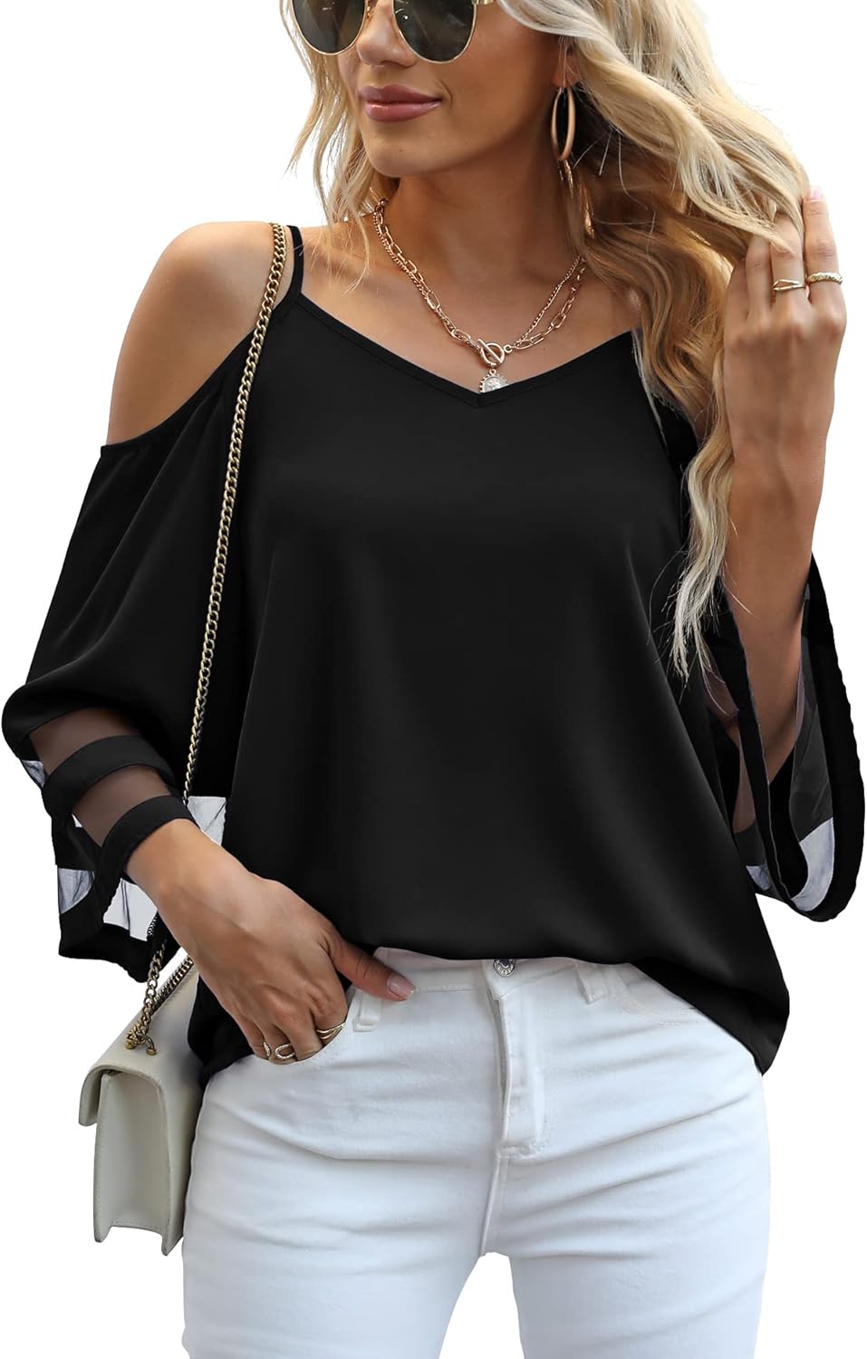 Jouica Womens Summer Cold Shoulder Tops Mesh Panel 3/4 Bell Sleeve Tees Adjustable Spaghetti Strap Loose Fit Shirts - Image 2