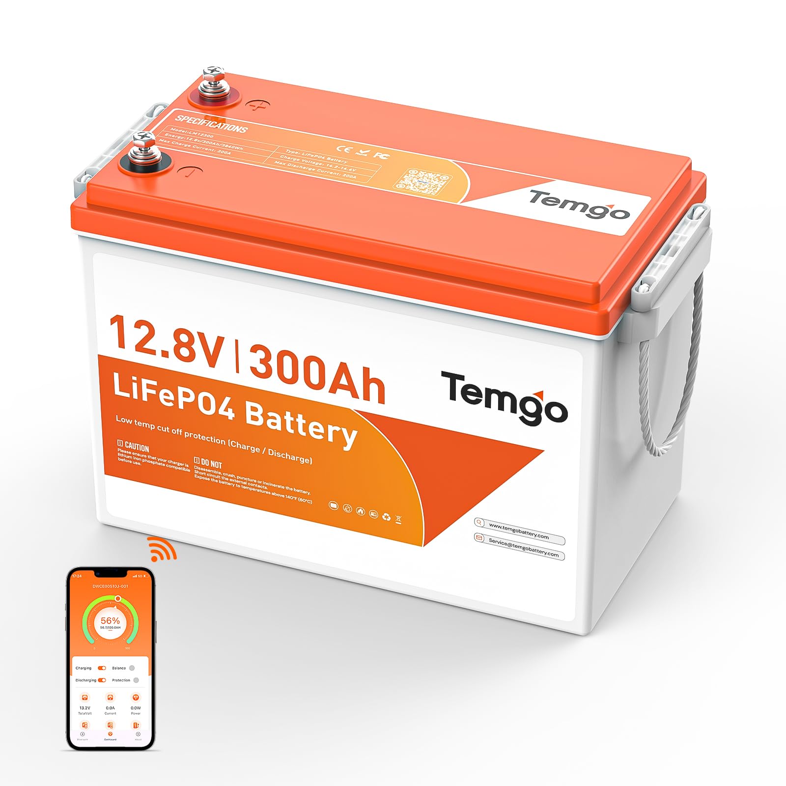 TEMGO 12V 300Ah LiFePO4 Lithium Battery with Blutooth &amp; APP Monitoring
