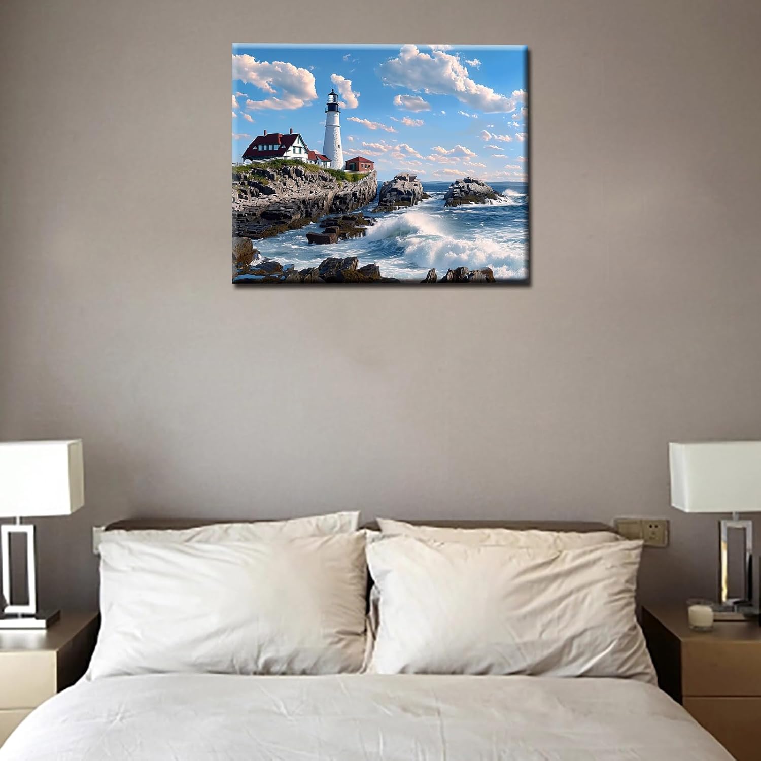 Portland Head Light Paint by Numbers Kits with Brushes USA Lighthouse Acrylic Oil Painting for Adults Kids Sea Scenery at Sunset Pictures Boho Plants Arts Craft Farmhouse Office Decor Gift(DIY Frame)