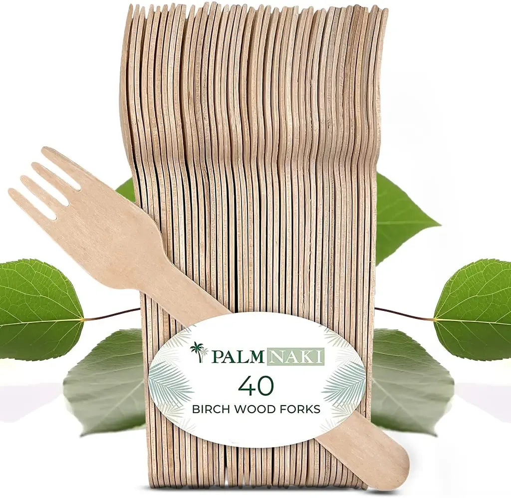 Palm Naki Birchwood Cutlery (40 Count) - Disposable Dinnerware, Eco-Friendly, Compostable and Biodegradable Cutlery (Forks)