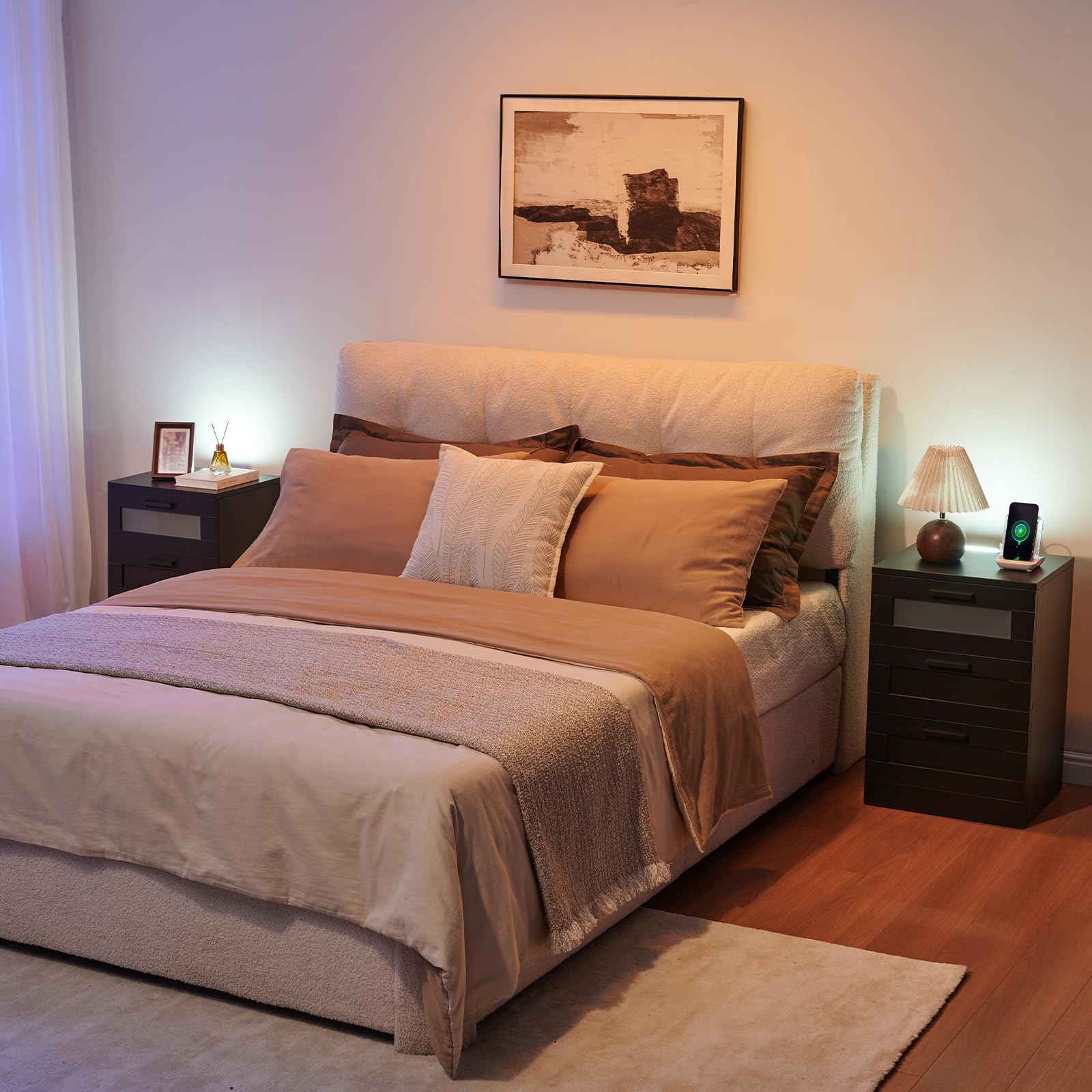 Mesitas de Noche con Luz LED, Mesa Auxiliar con 3 Cajones, Mesilla de Noche con Puerto USB y Type-C, para Dormitorio o Estudio, Moderno (2, Negro)
