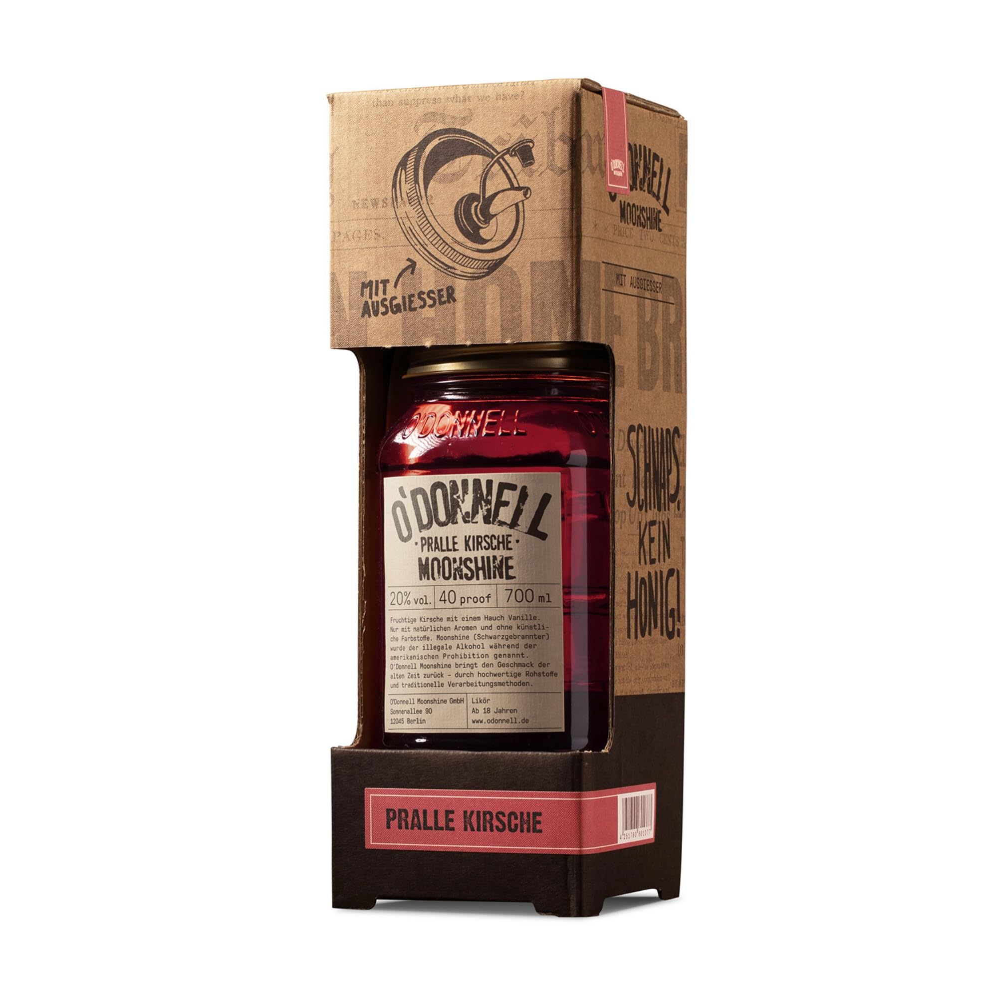 O’Donnell Moonshine Pralle Kirsche Likör (700ml) + Ausgießer – Premium Kirschlikör mit fruchtiger Kirsche & Vanille – Ideal pur oder für Cocktails – 20% Alkohol im Original Mason Jar – Made in Berlin