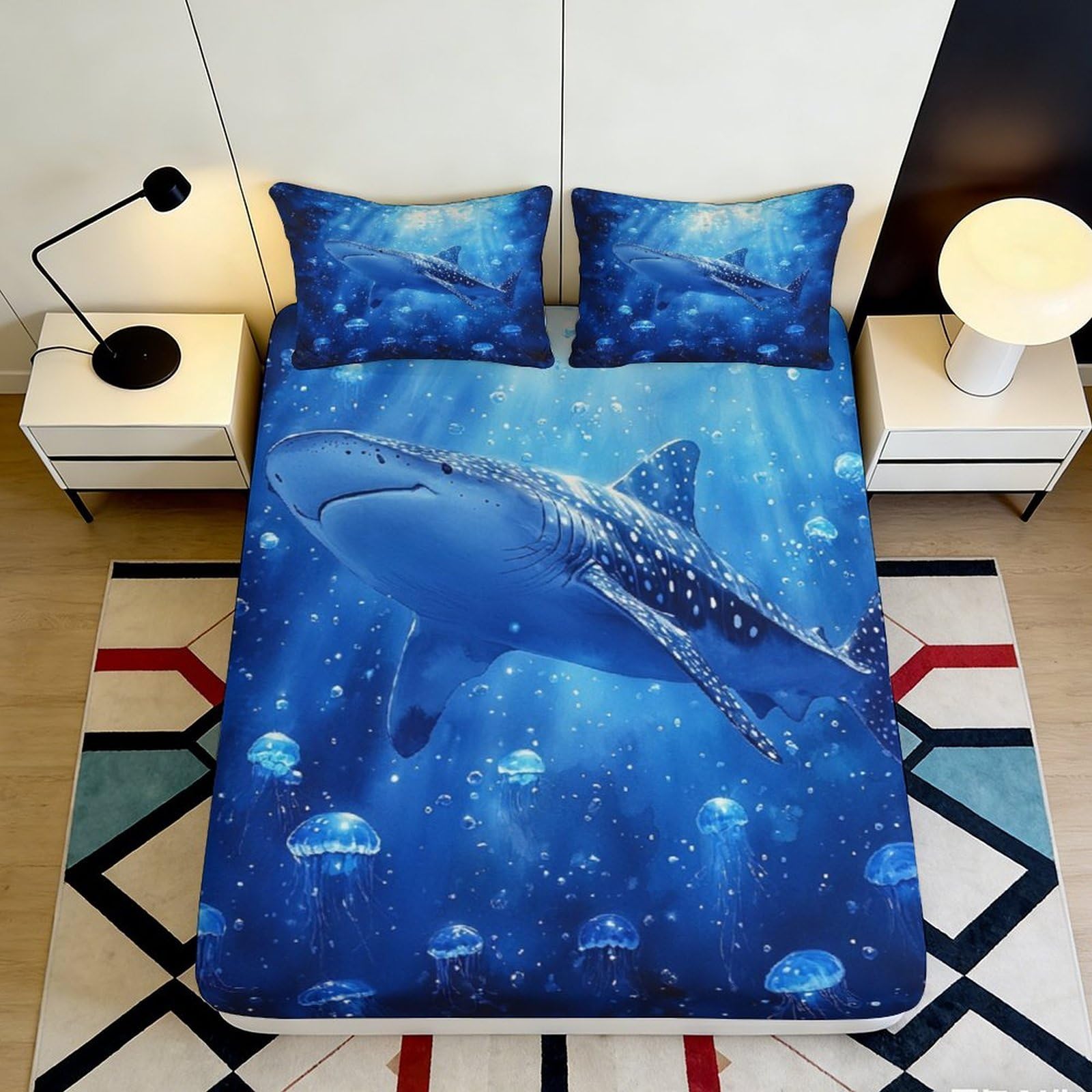 3D Printed Whale Shark Fitted Sheet Microfiber Soft Blue Ocean Mattress Cover for Bedroom Guest Room Décor 90x200x25cm