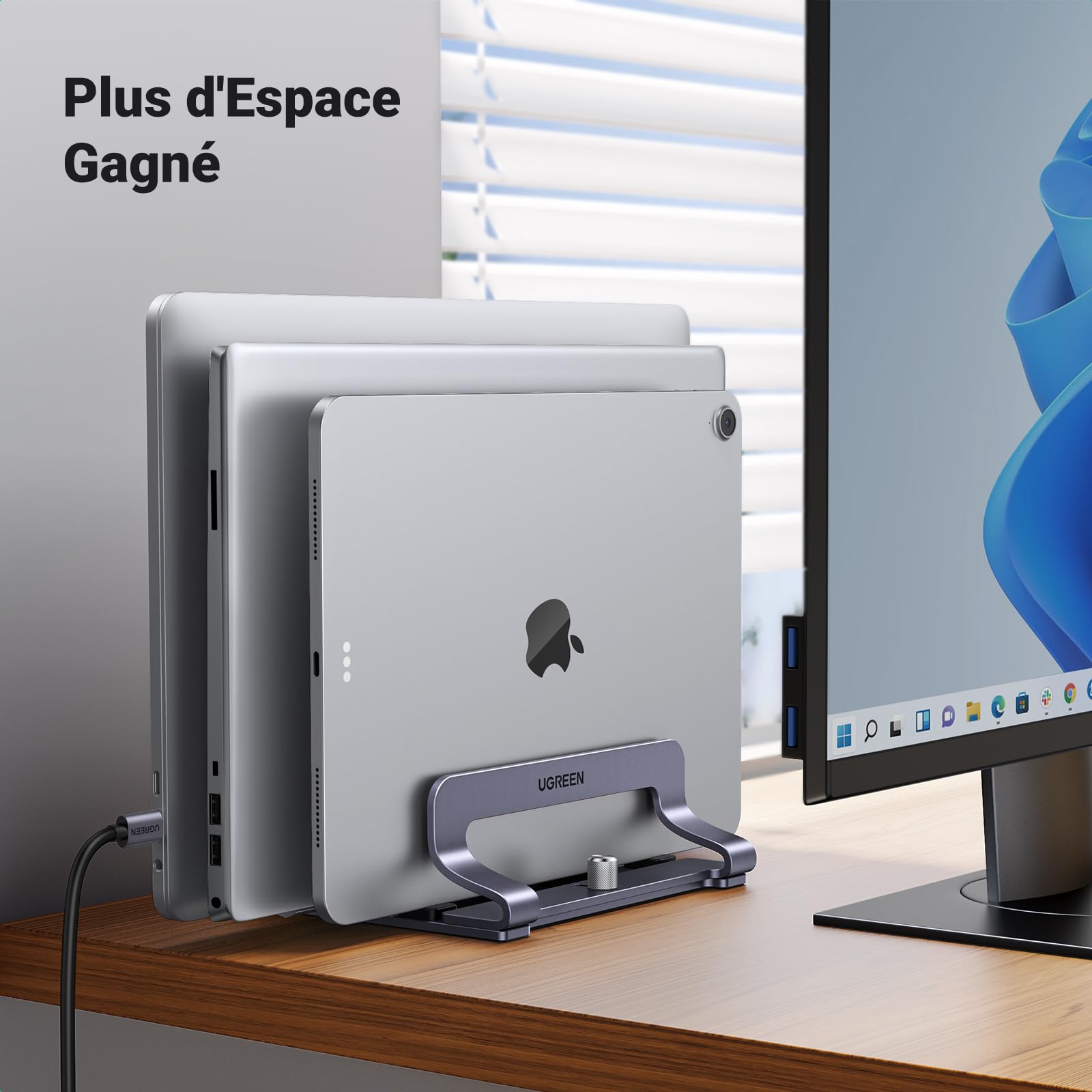 UGREEN 3 en 1 Support Ordinateur Portable Vertical Laptop Stand Triple Fente Porte Bureau Réglable Compatible MacBook Pro Air