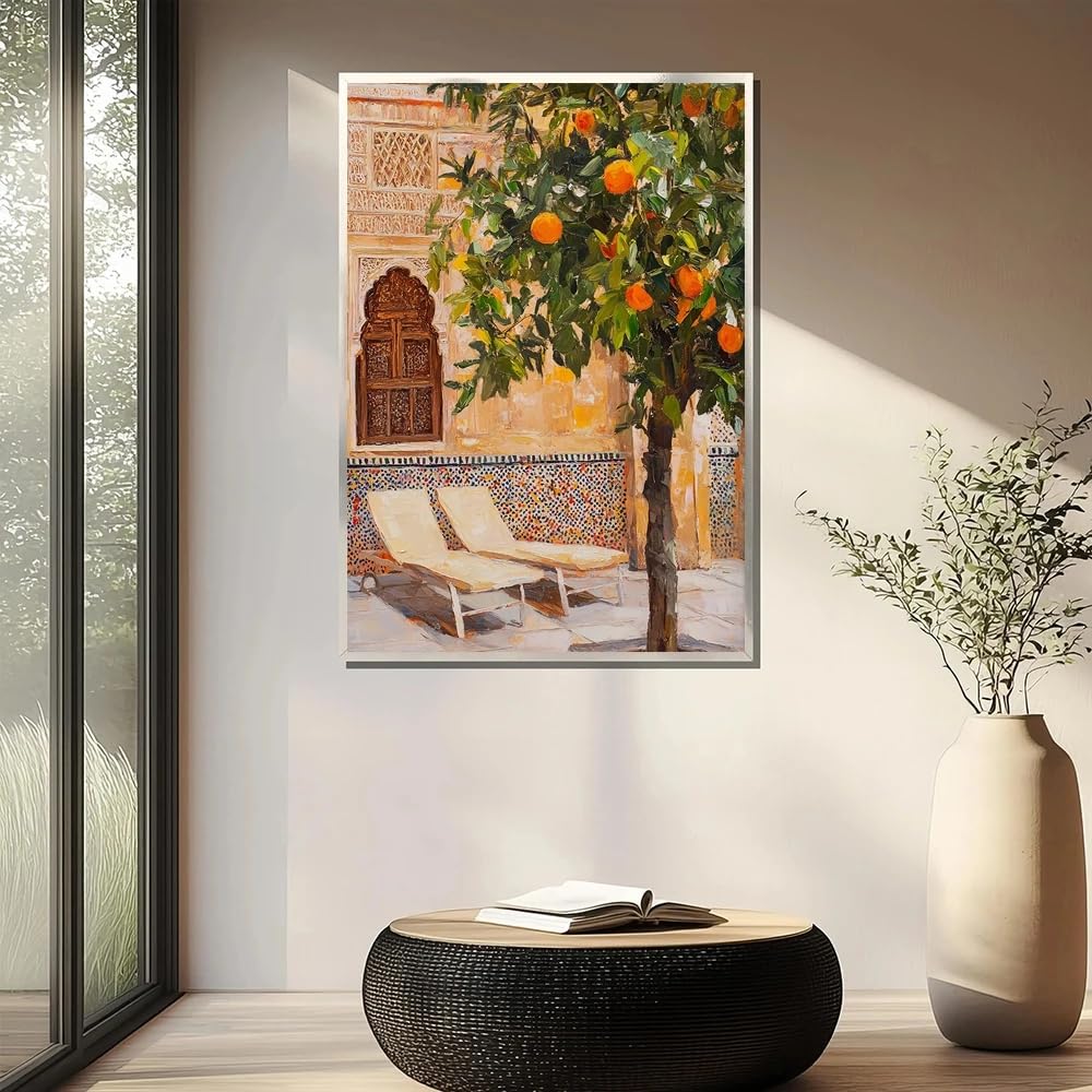 LTjiajuypd Canvas Prints Poster Wall Mediterranean Courtyard Art Print With Orange Tree Moroccan Inspired Home Living Room Decor(30x50CM/Frameless)
