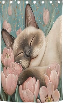 J JOYSAY Siamese Cat Tulips Teal Blackout Window Curtain Panels Thermal Insulated Window Drapes Grommet Black Out Curtains for Bedroom Bathroom 84 x 52 Inch