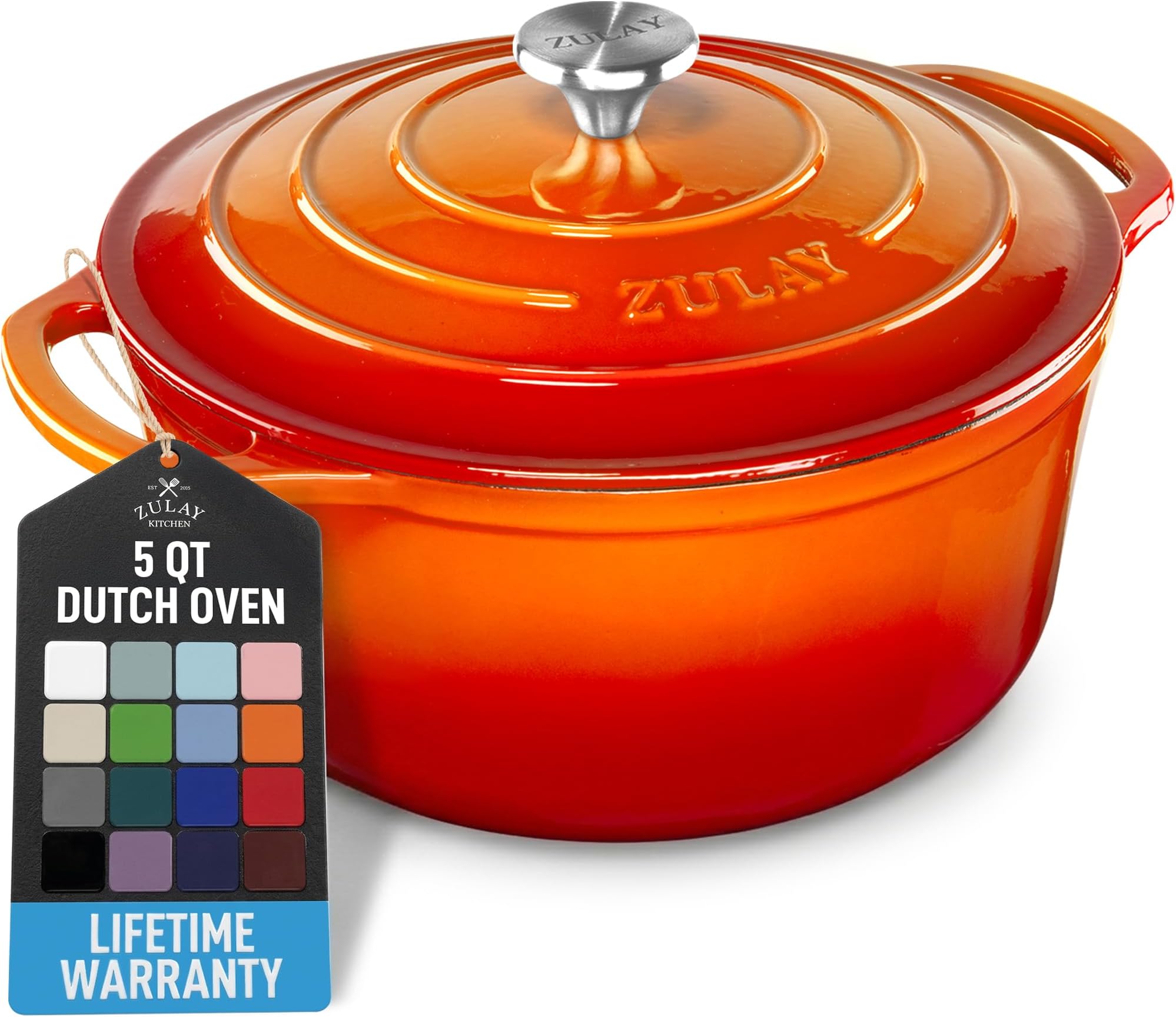 Zulay Kitchen 5 Quart Enameled Cast Iron Dutch Oven Pot with Lid – Premium Durability & Oven Safe up to 500°F – Heavy Duty Cookware Perfect for Bread Baking, Stews, Braising & Roasting – Orange