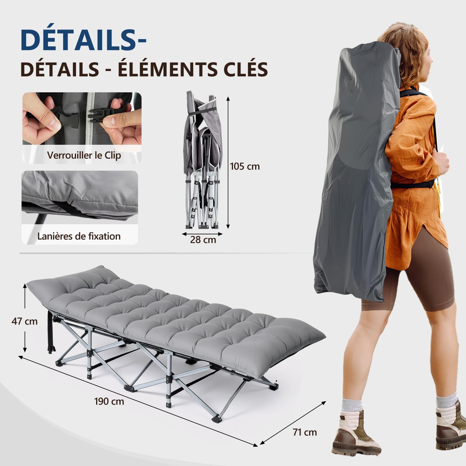 Bonnlo Lit de Camp Pliable en Acier avec Sac de Transport Lit de Camping en Oxford 600D Charge Max. Jusqu'à 150kg, Lit de Voyage Parfait pour Jardin, Camping, Plage et Intérieur, Gris, 190×71x36 cm