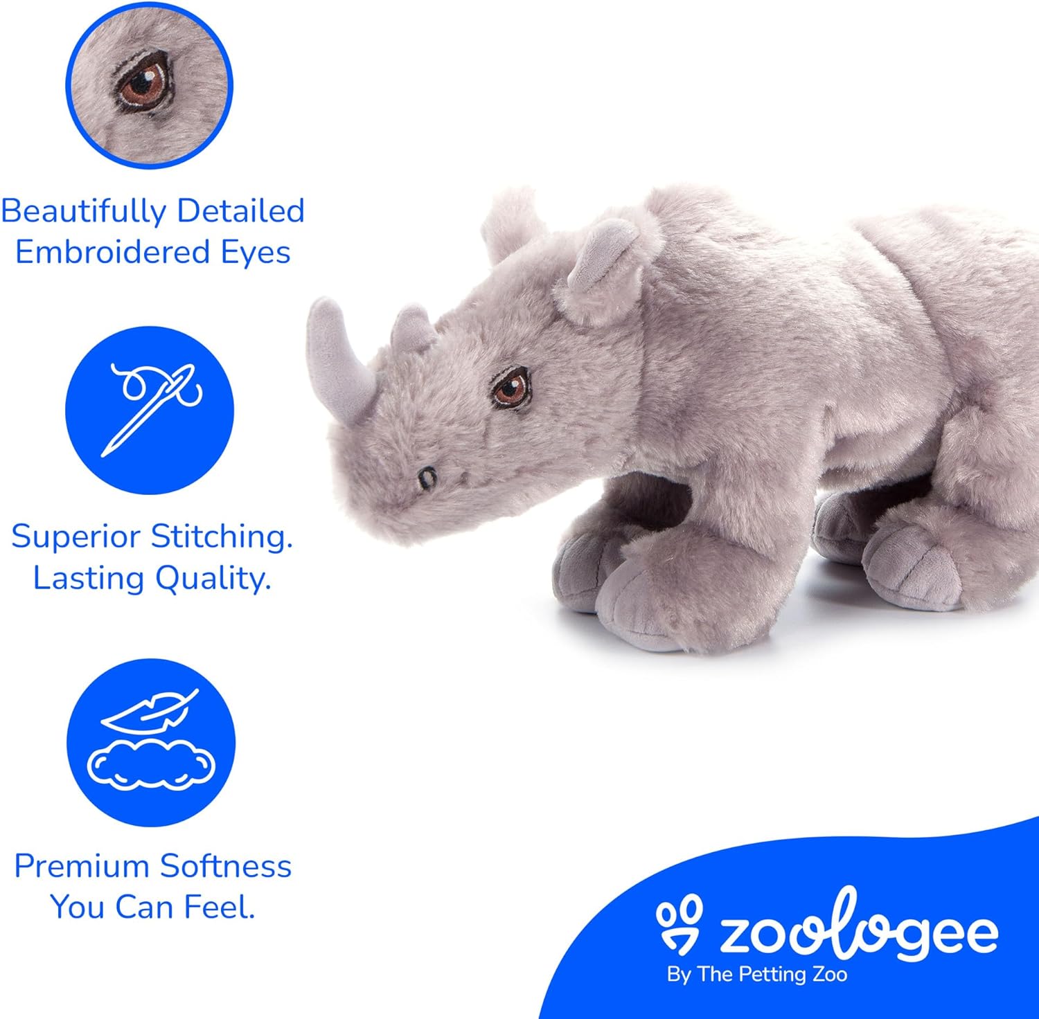 The Petting Zoo Rhino Stuffed Animal Plushie, Gifts for Kids, Earth Keeperz Wildlife Animals, Zoologee Grey Rhino Plush Toy, 12 inches