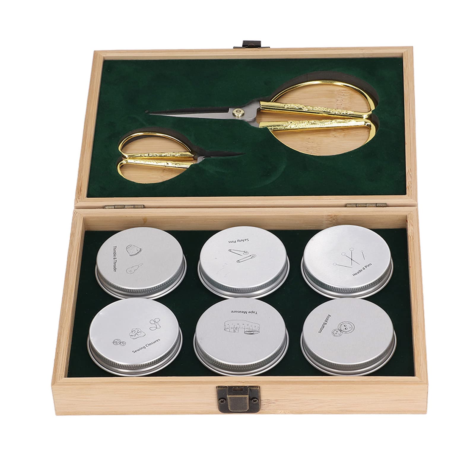 Kit de costura completo con caja de almacenamiento de madera, suministros de costura que incluyen tijeras, botones, alfileres, hebillas, dedal, enhebrador, cinta métrica y