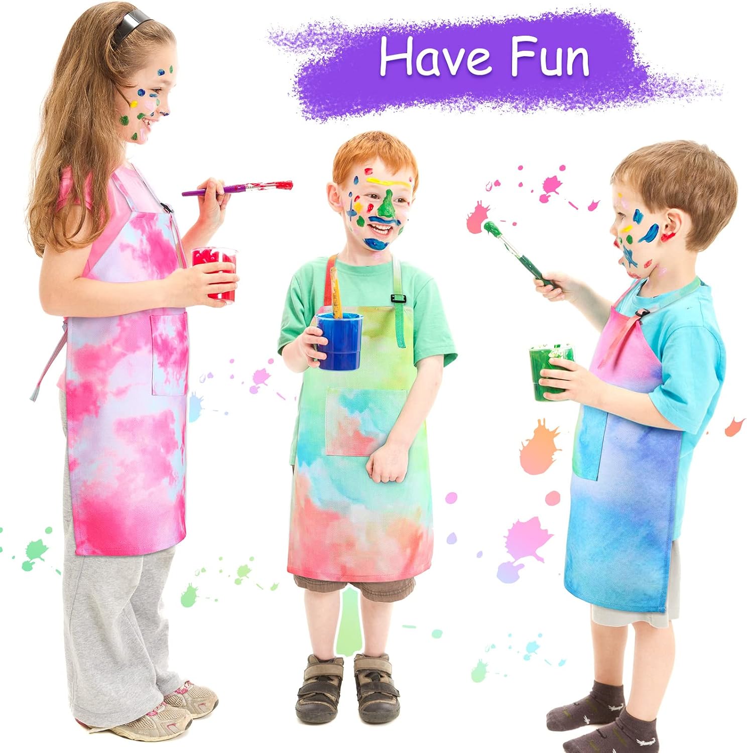SATINIOR 3 Pack Kids Apron Rainbow Tie Dye Toddler Aprons with Pockets Adjustable Kitchen Cooking Gardening Painting Apron for Girls Boys Home Kindergarten Party Supplies, 3 Styles