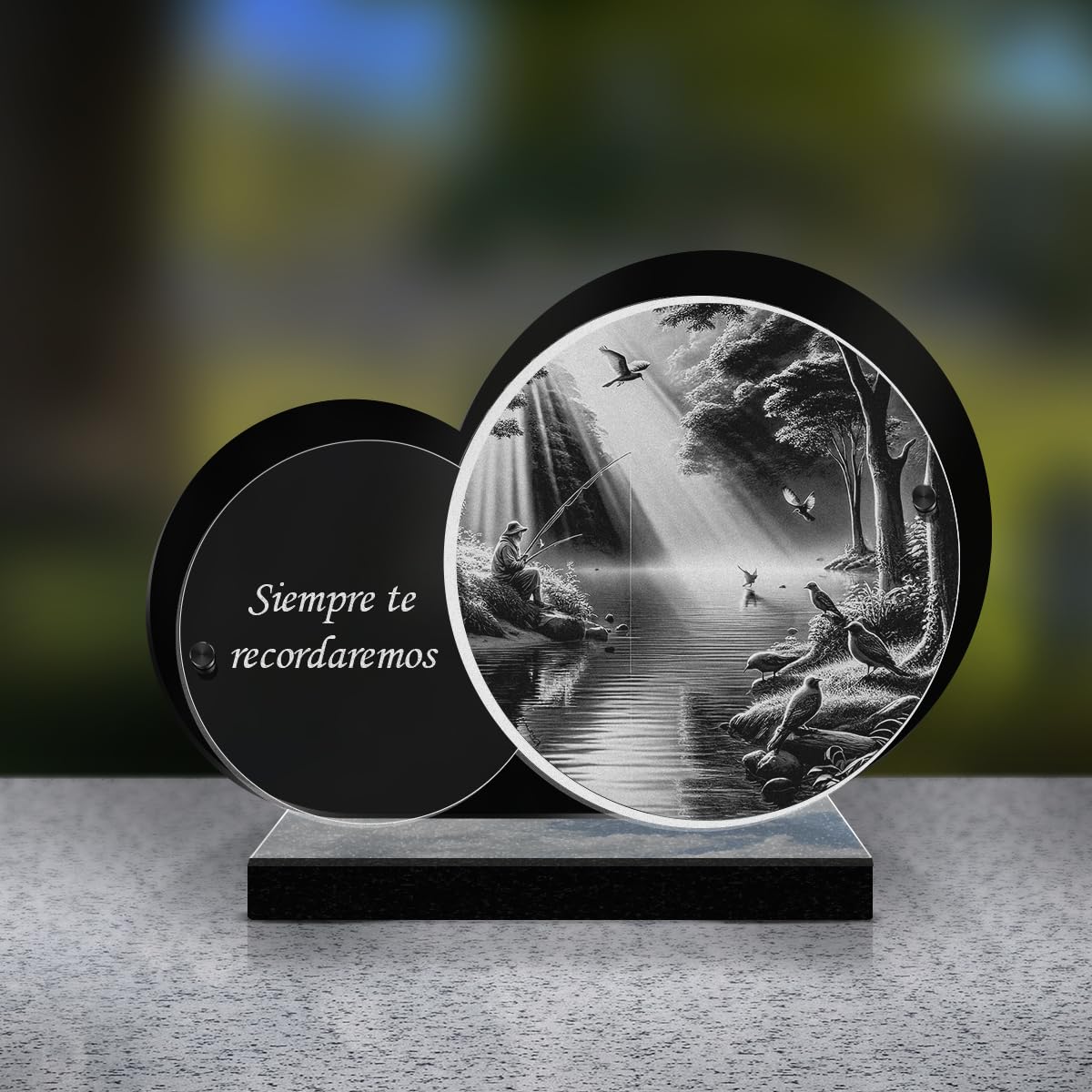 Eternel - Placa Funeraria Personalizada Doble Círculo - Pesca Pescador, Naturaleza - Texto Personalizable Placa Funeraria Grabada Con Láser Para Homenaje Placa Mortuoria Cementerio Sepultura Funerales