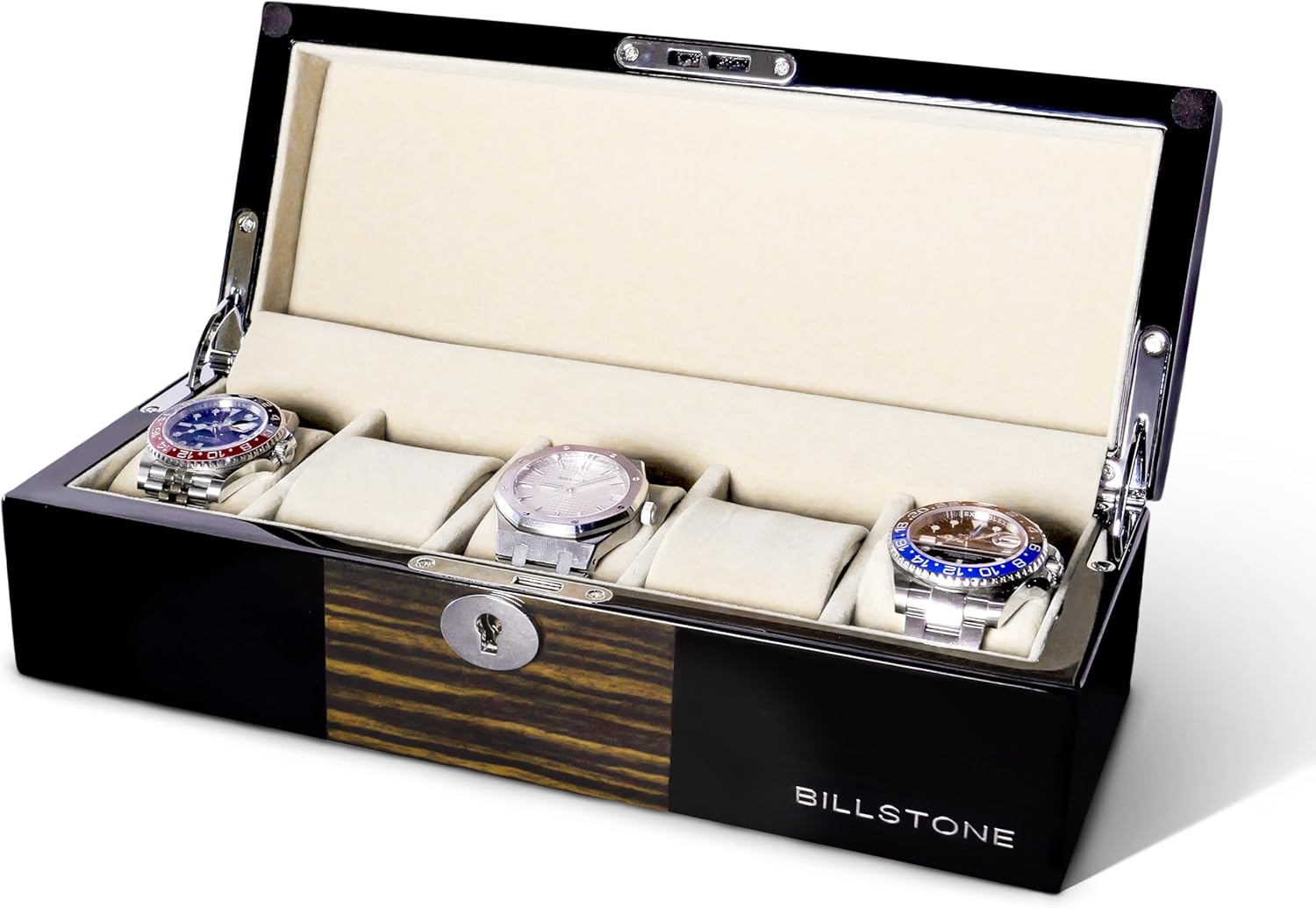BILLSTONE Oxford 5 Wooden Watch Box – 5 Slot Watch Case, High-Gloss Macassar Wood with Cream Velvet Interior