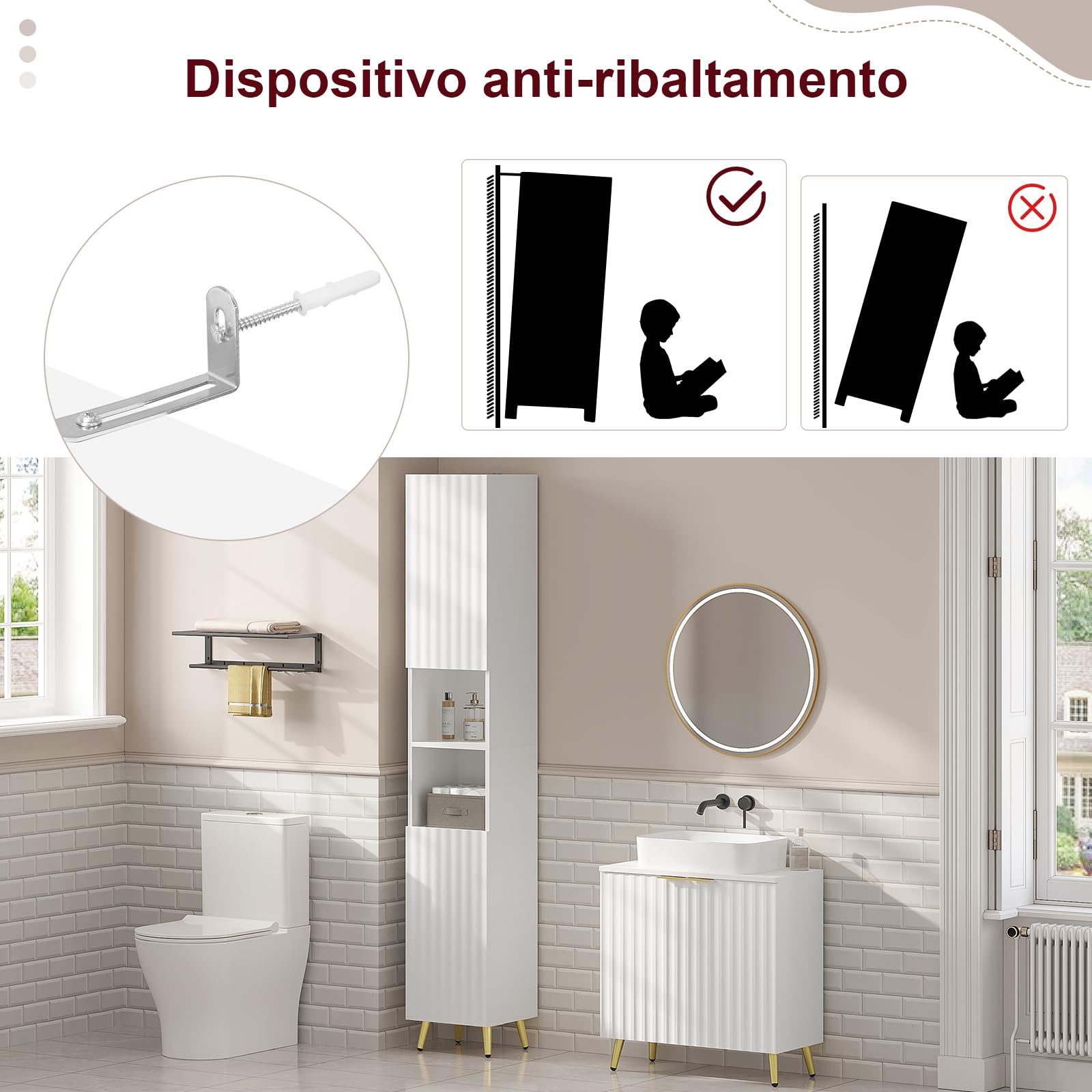eSituro Mobile da Bagno Alto, Mobile da Bagno con Scomparti Aperti con 2 Ante, Ripiano Regolabile, Gambe in Metallo Dorato, Bianco, 30x28x180 cm