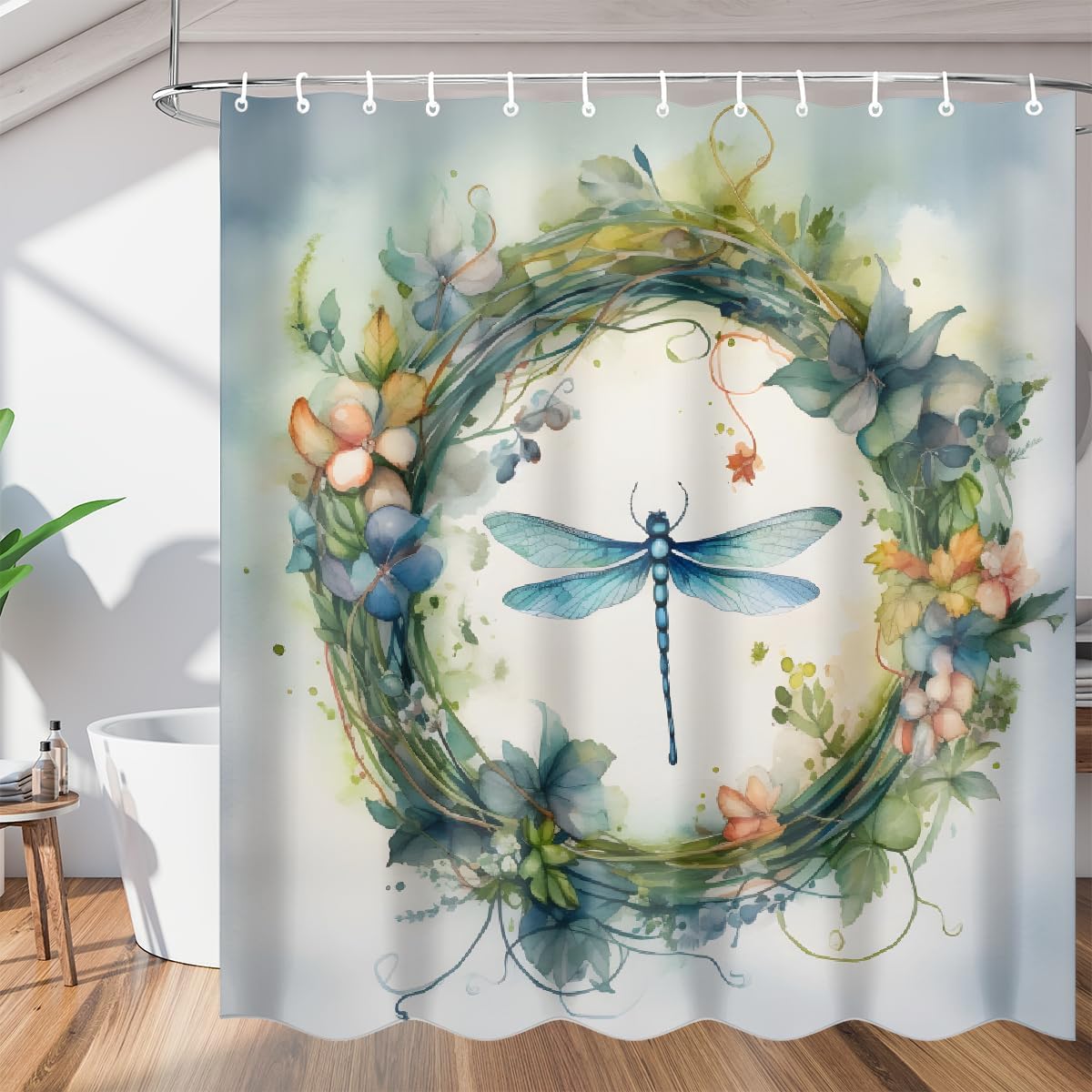 Shower Curtain with Hooks, Dragonfly Wreath Waterproof Polyester Fabric Shower Curtains 60" x 72" Machine Washable for Bathroom Bathtubs Decor Home