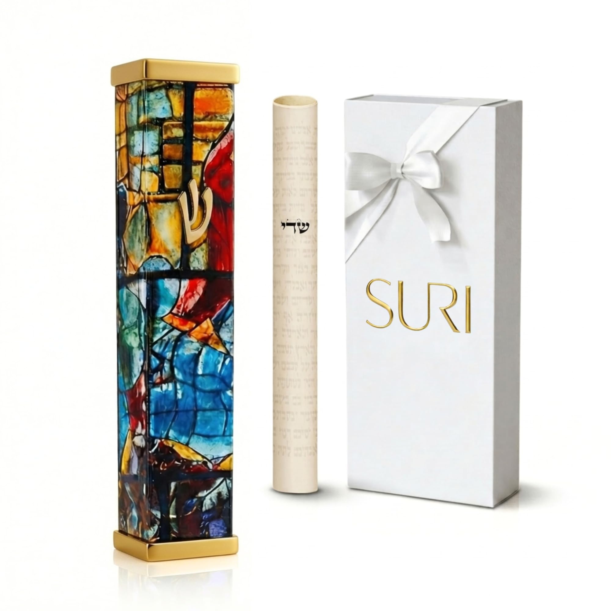 SURI Mezuzah with Scroll for Door | 5 Inch Modern Aluminum Mezuzah Case | Fits 4 Inch Scroll | Gold &amp; Silver Chagall-Inspired Design | Self Adhesive Easy Install | Judaica Jewish Gift