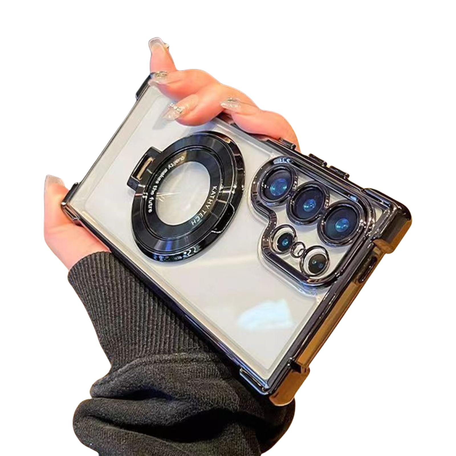 for Samsung Series Airbag Anti-Fall Phone Case with Invisible Ring Stand, Clear Sticky Holder Phone Case with Four Corners, Magnetic Bracket Case with