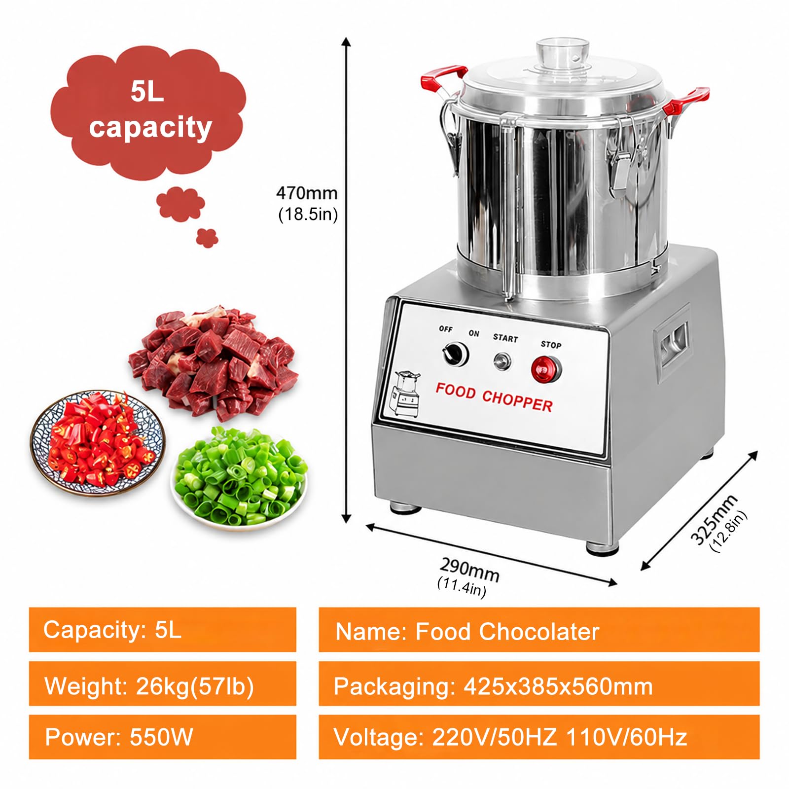 Robot Multifunzione Professionale, Tritatutto Elettrico Inox 5L | Lama in Acciaio, Ideale per Carne, Verdure, Formaggio, Frutta Secca & Erbe