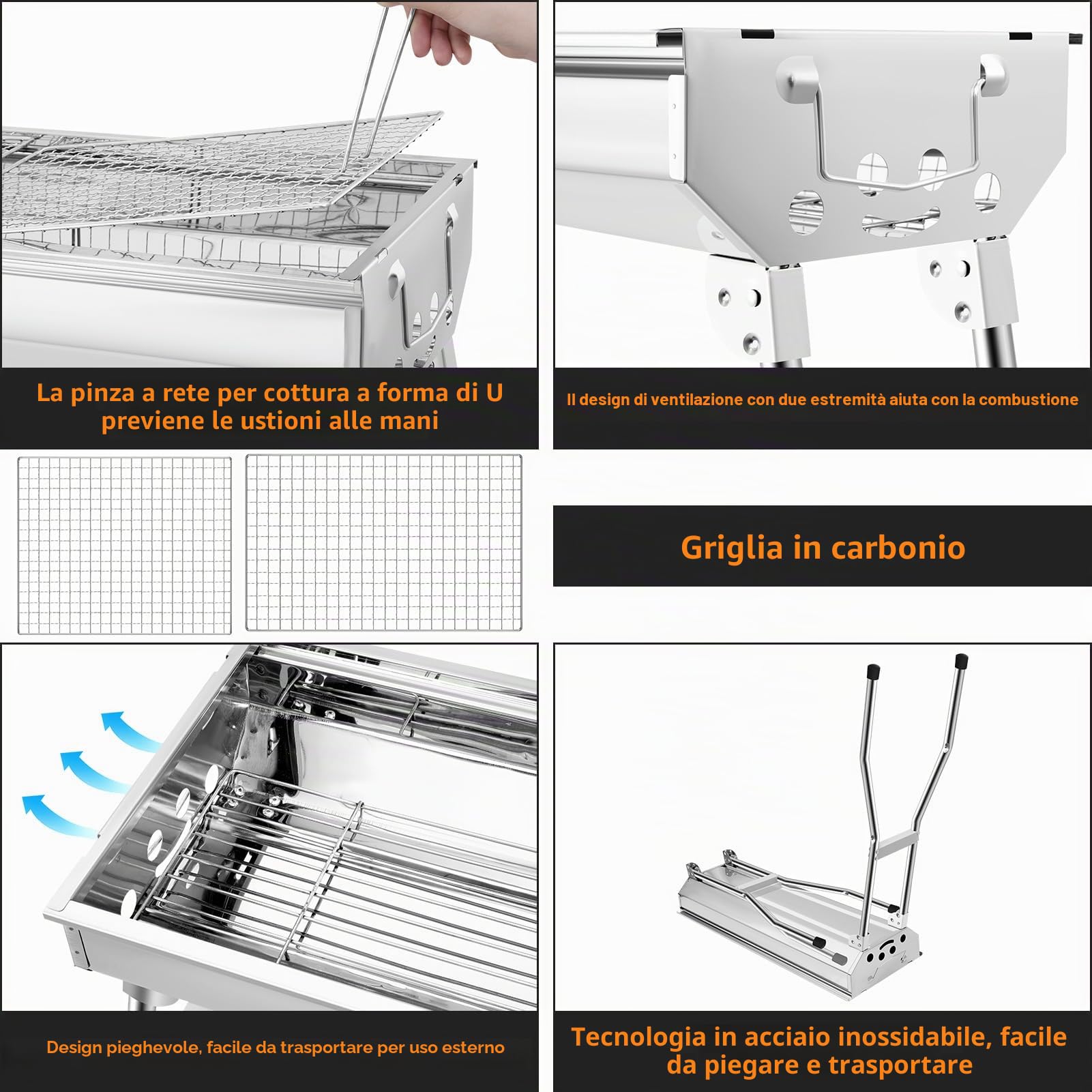 Barbecue a carbonella XXL (73 * 28 * 76 cm), Barbecue portatile a carbone, Griglia pieghevole in acciaio inox, Barbecue a carbone per esterni, Barbecue da tavolo a carbonella, Carrello barbecue