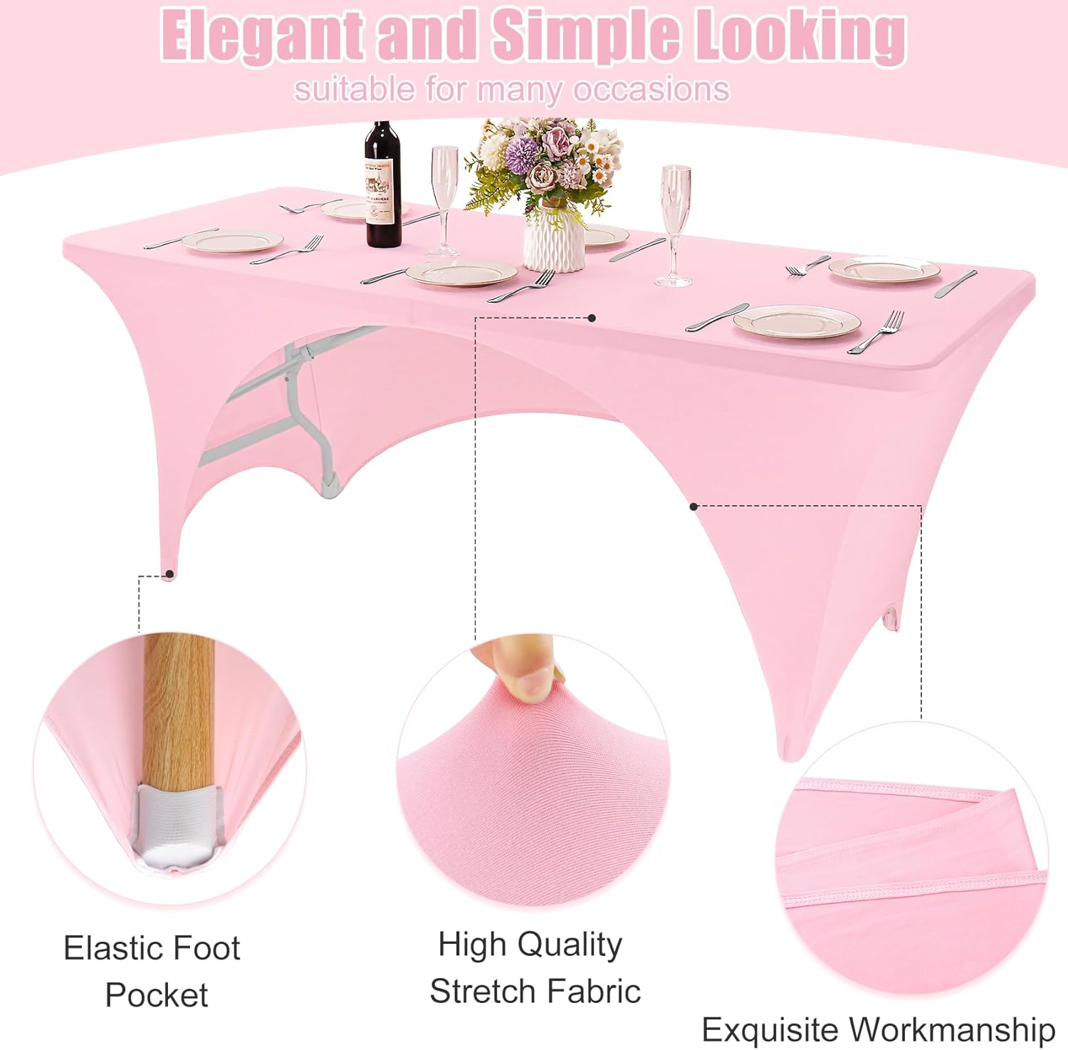 Fivenl 2 Pack Spandex Rectangle Tablecloths 96 x 30 Inch, Open Back Pink Stretch Table Clothes for 8 Foot Tables, Washable Fitted Table Cover for Parties, Wedding, Banquet, Trade Show (Pink, 8FT)
