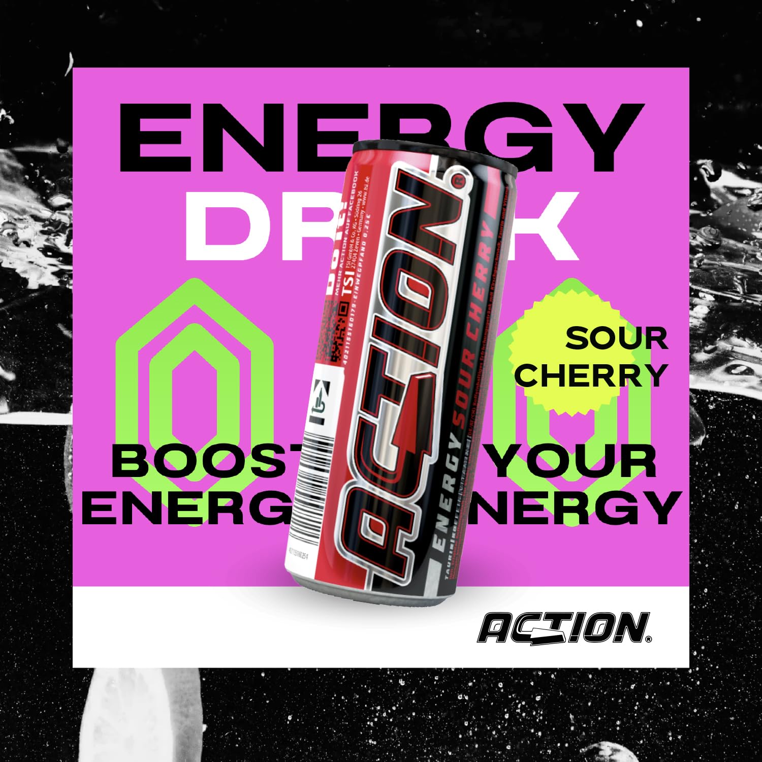 ACT!ON Action Energy Drink Sour Cherry (48 x 250 ml) incluye depósito – Refresco con sabor a cereza agria – patata energética con mayor contenido de cafeína 32 mg/100 ml cafeína rendimiento mejorado