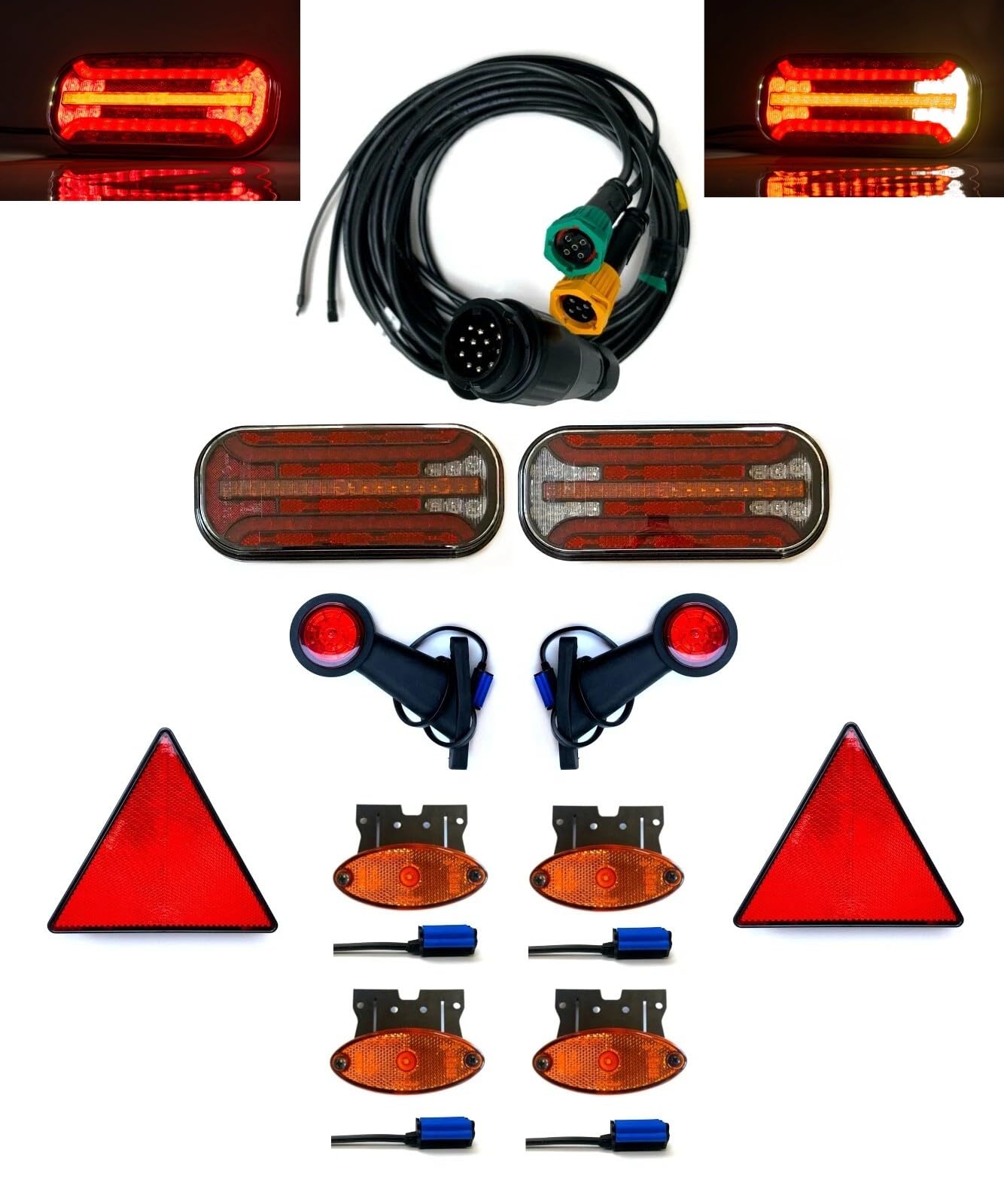 Anhängerbeleuchtung Set – 2x LED Rückleuchte 6 Funk. Dynamischer Blinker + Umrissleuchten + Seitenleuchten + Kabelsatz 13-polig 4,5-11,5 m 12V/24V E9 (Kabel 7,7m/5,3m)