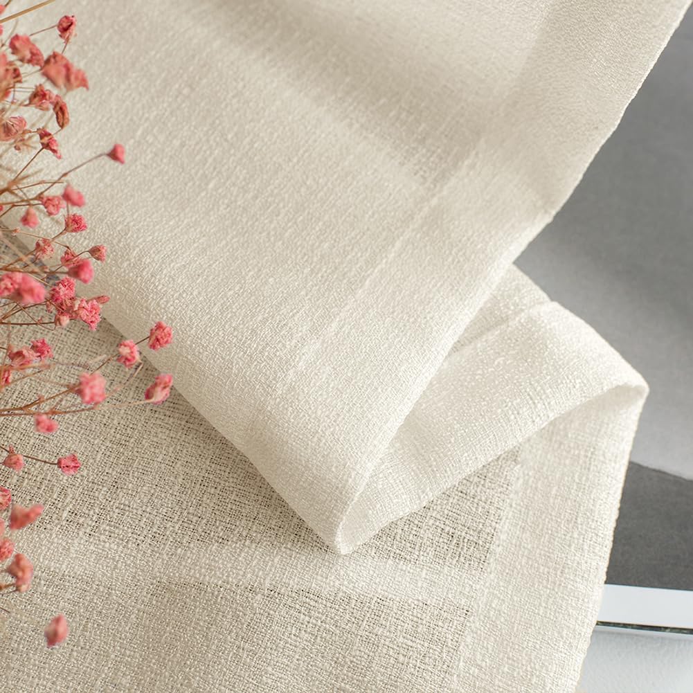 Melodieux 2 Panel Faux Linen Voile Net Curtains Semi Sheer Ring Top Drapes for Bedroom, Living Room, Window - Beige, 55 x 54 inch drop (140 x 137cm)