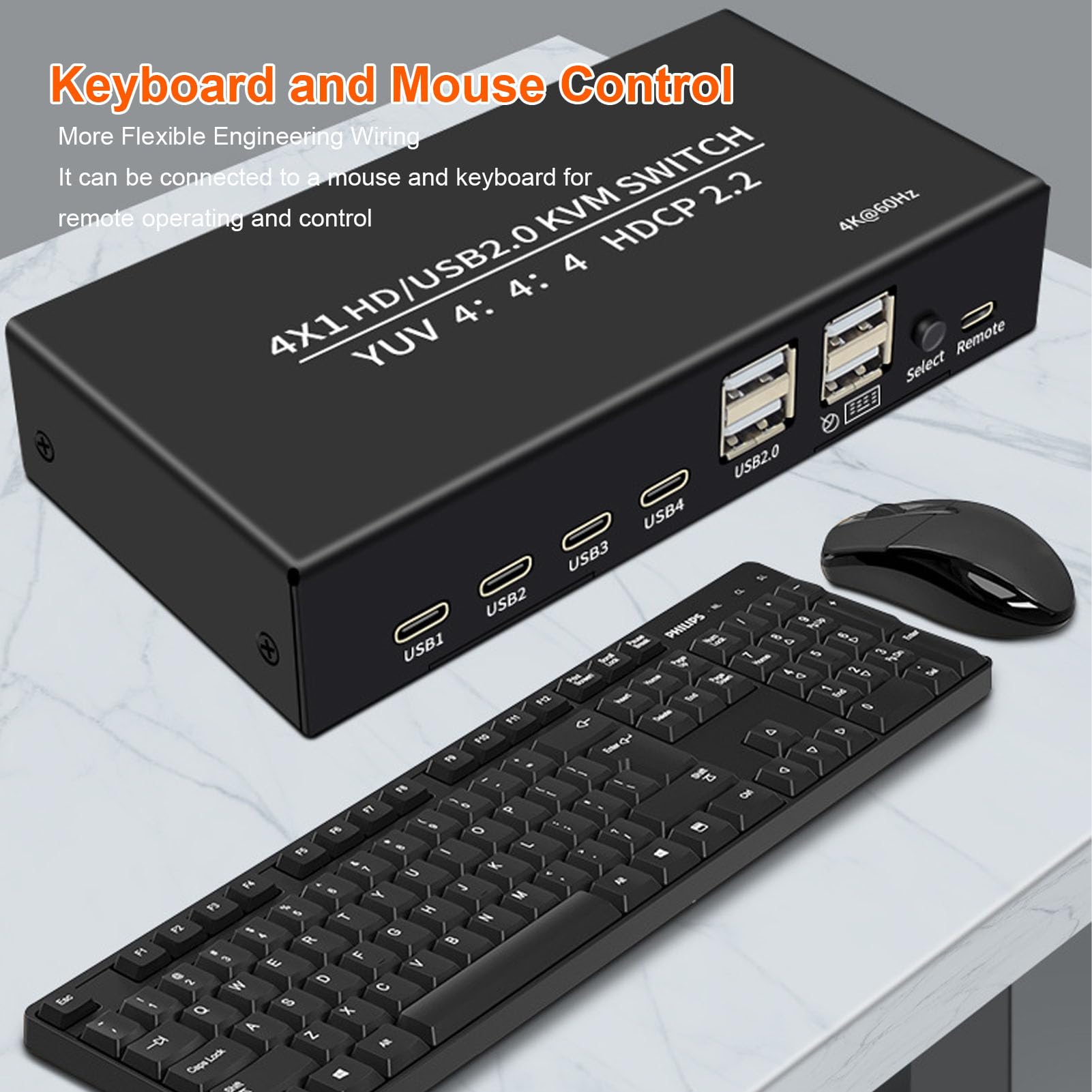 Sxhlseller Przełącznik KVM 4K 60 Hz HDMI do 4 Komputerów, 2 Tryby Przełączania, Adaptacyjny EDID, 4 Porty i Kable USB Typu C, Udostępnianie Jednego Monitora, Klawiatury i Myszy, Drukarki