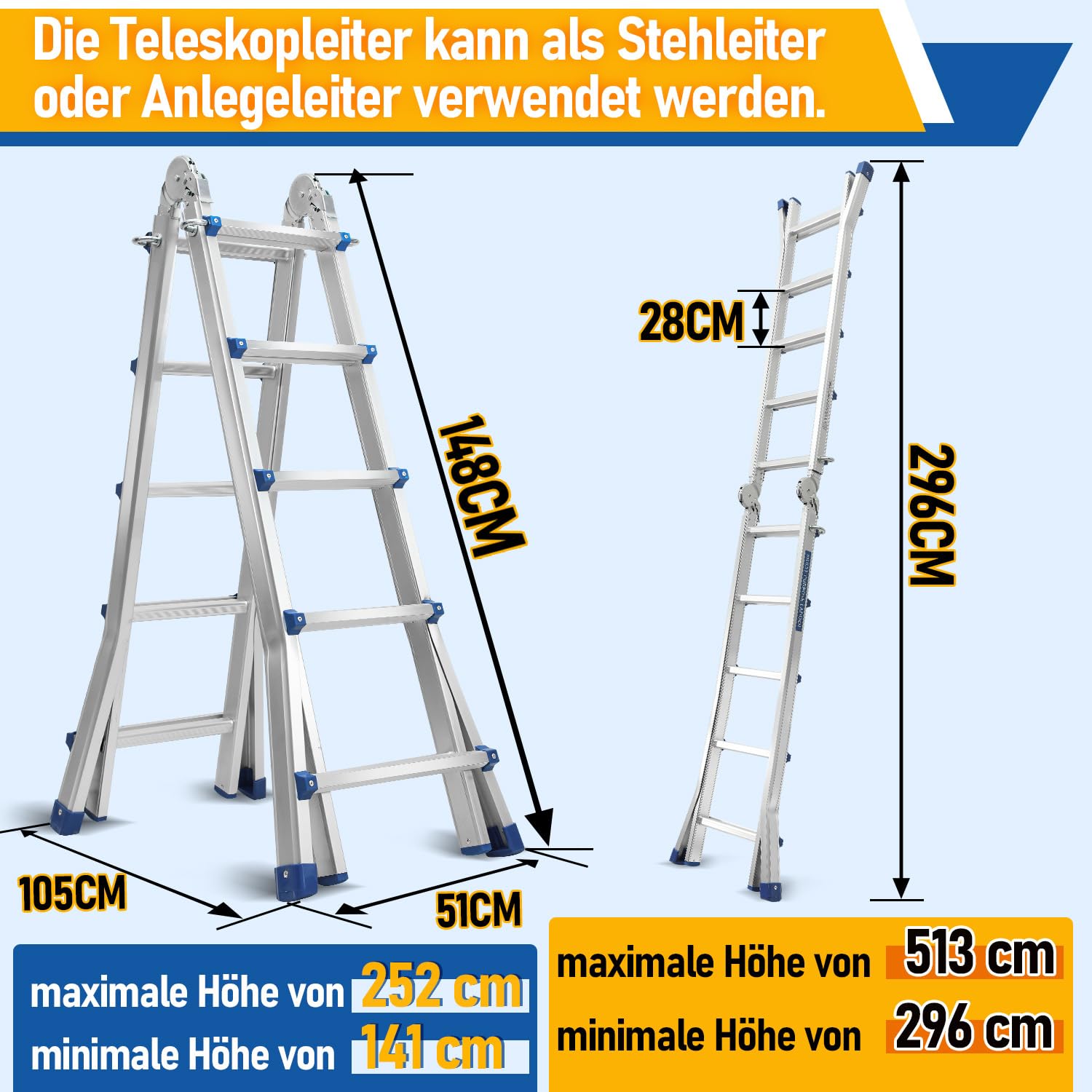 Scala multiuso 513 cm, 4 x 5 pioli, scala telescopica 3 in 1, scala pieghevole in alluminio, scala pieghevole e scaletta