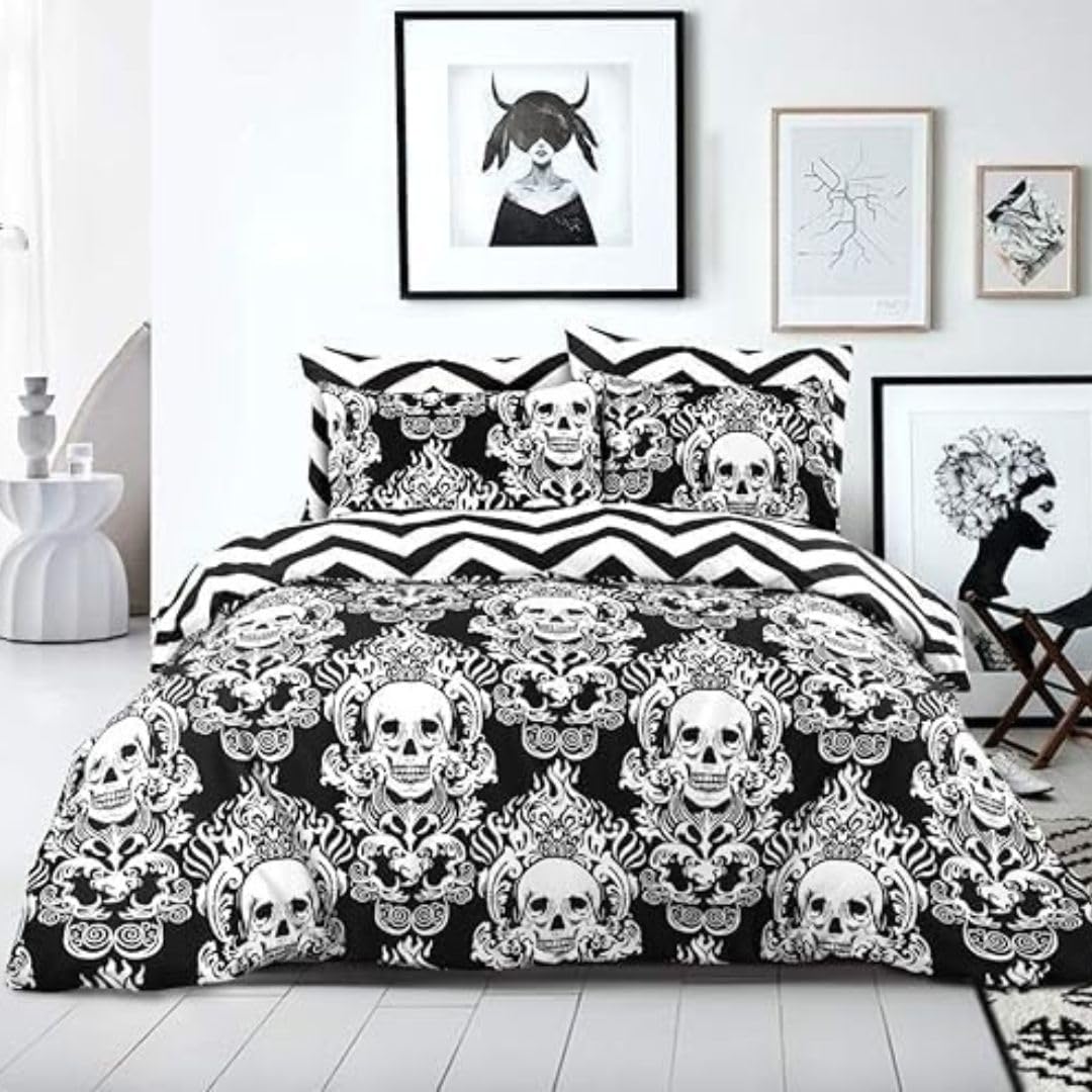 Double Duvet Cover Set - Super Soft Brushed Microfibre Hotel Quality Gift Bedding, Lightweight, Grey Quilt Covers Double King Superking Size Reversible Bed Sets (Black Skull, Super King)