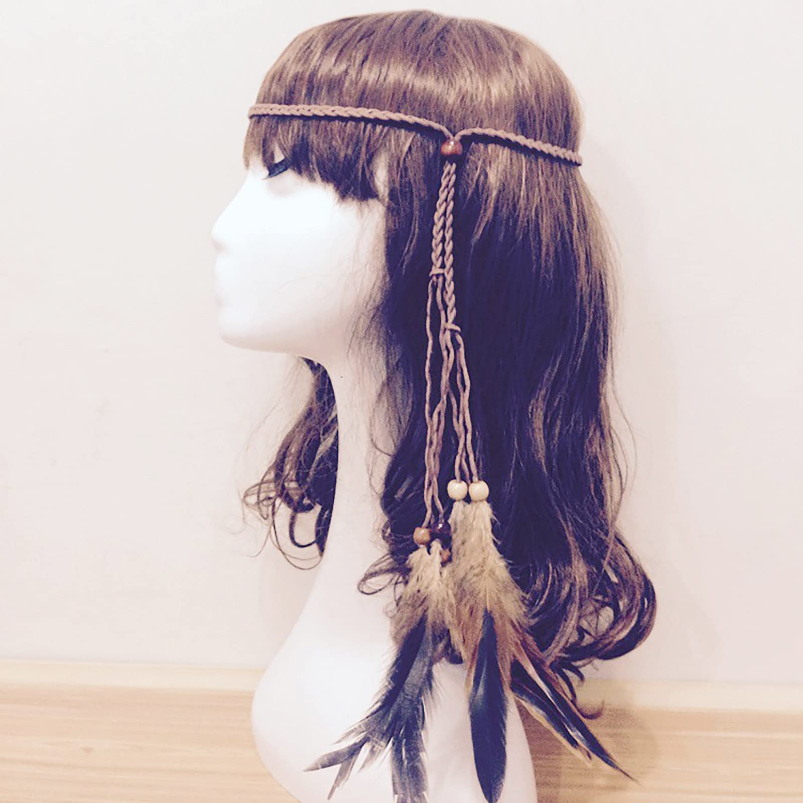 TseenYi Fascia per capelli con piuma zingara, stile bohémien, con piume, con perline e nappe, per donne e ragazze, per spettacoli di Natale (marrone