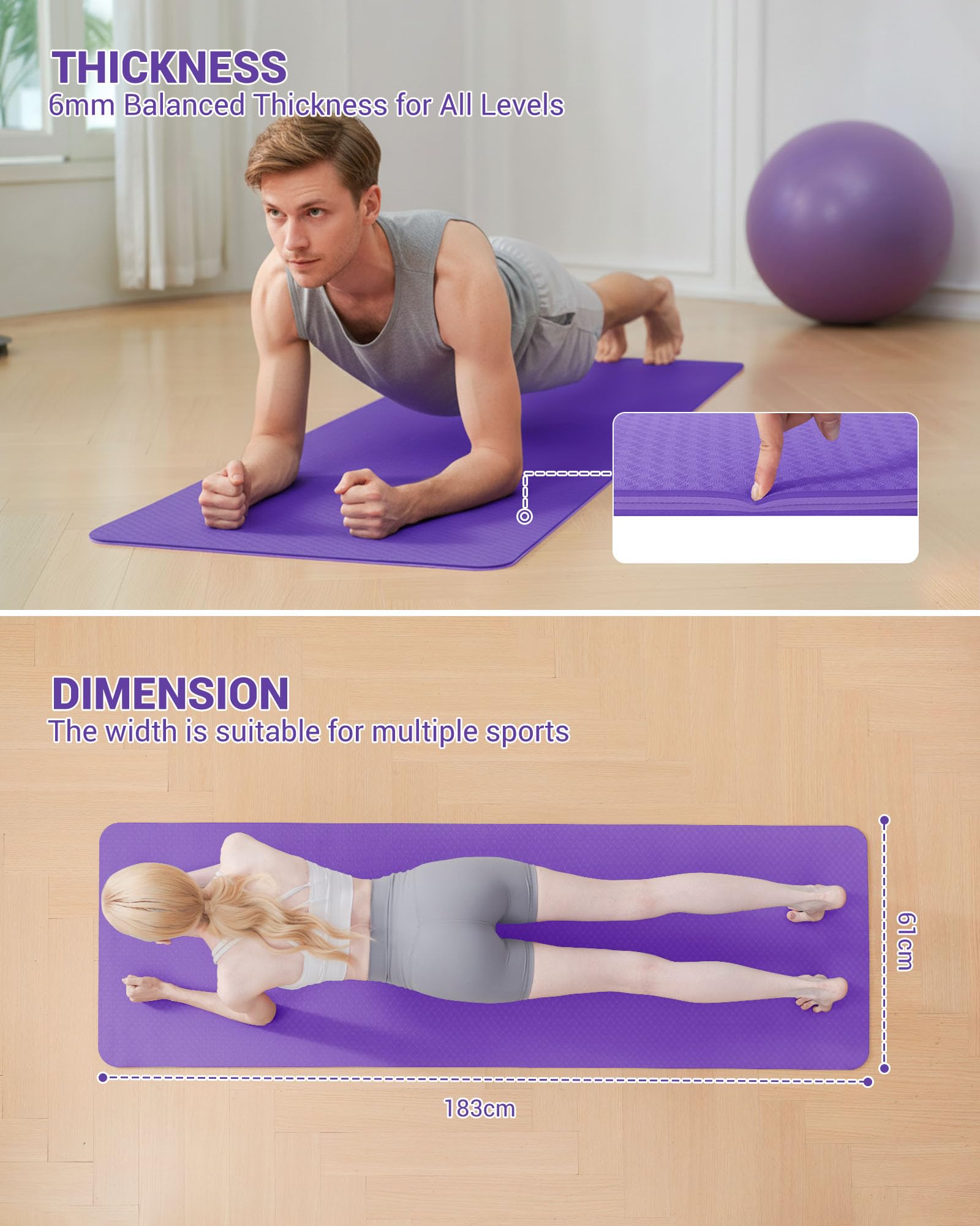 Good Nite Tappetino da ginnastica, yoga, fitness, antiscivolo, per allenamento, sport, turn, pilates, con tracolla, 183 x 61 x 0,6 cm