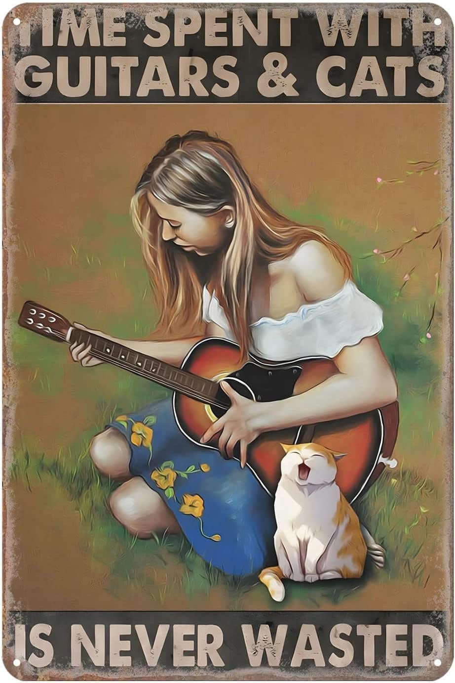 kisoyo Vintage Tin Sign Cats Time Spent with Guitars is Never Wasted Animal Metal Sign Home Kitchen Bar Cafe Club Cave Wall Decor Guitar Tin Sign 12x16 Inch