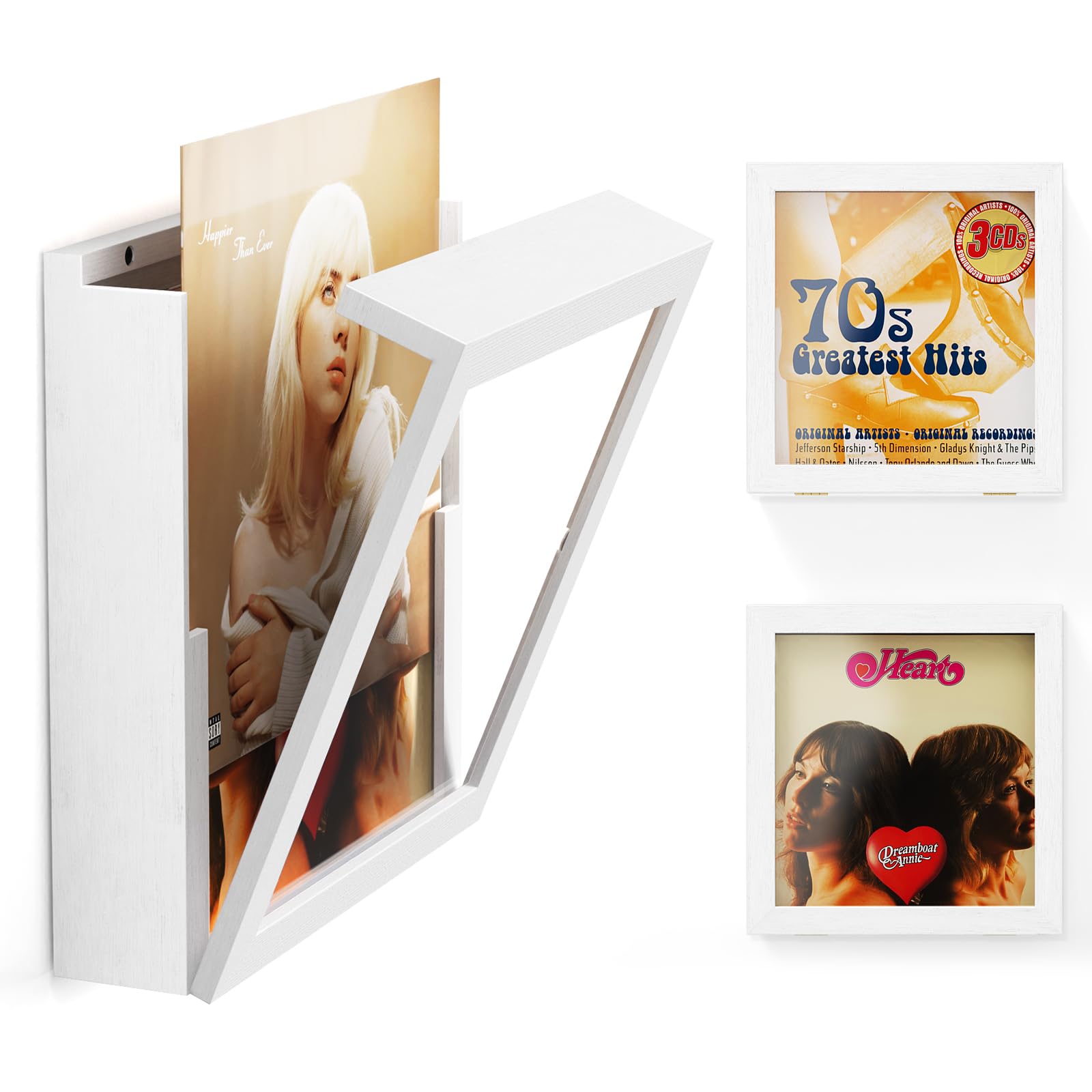 2 Pezzi Porta Vinili, Apertura Frontale a Parete, Legno Vintage Porta Vinile da Parete, Cornice Vinile per Esporre Copertine di Dischi in Viniles LP da 12x12 Pollici (Bianco Versione Pesante)
