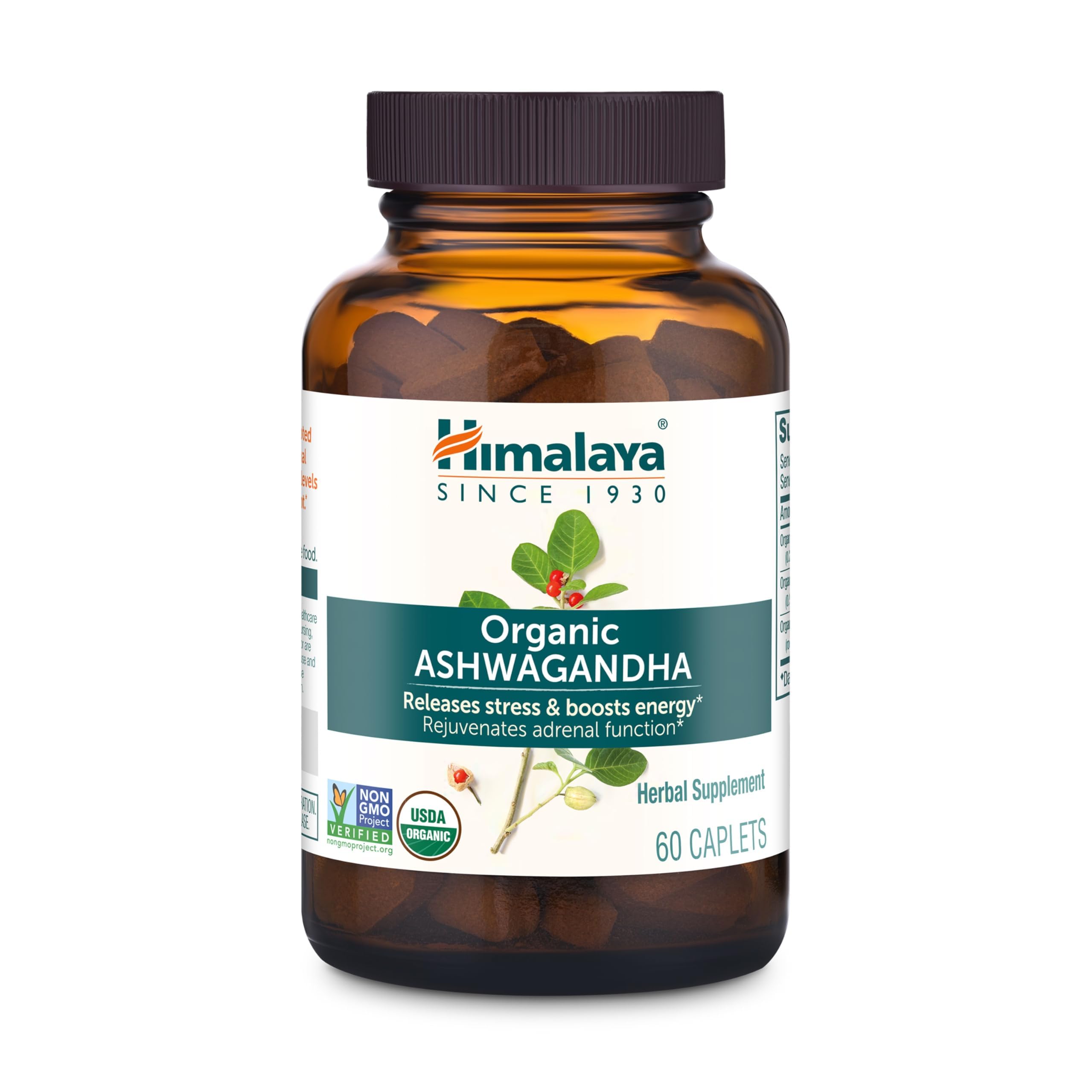 Himalaya Organic Ashwagandha Root, 2 Month Supply - Herbal Adrenal Support Supplements for Stress Relief and Energy Support - USDA Organic, Non-GMO, Vegan, Gluten Free, 670 mg, 60 Caplets