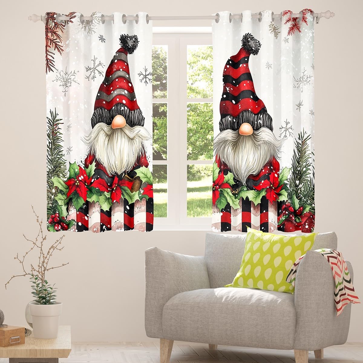 Christmas Gnome Window Curtain for Kids Xmas Berry Leaves Window Treatment Curtain Rustic Farmhouse Plaid Curtains for Bedroom Sketch Style Snowflake Window Drapes,52Wx96L