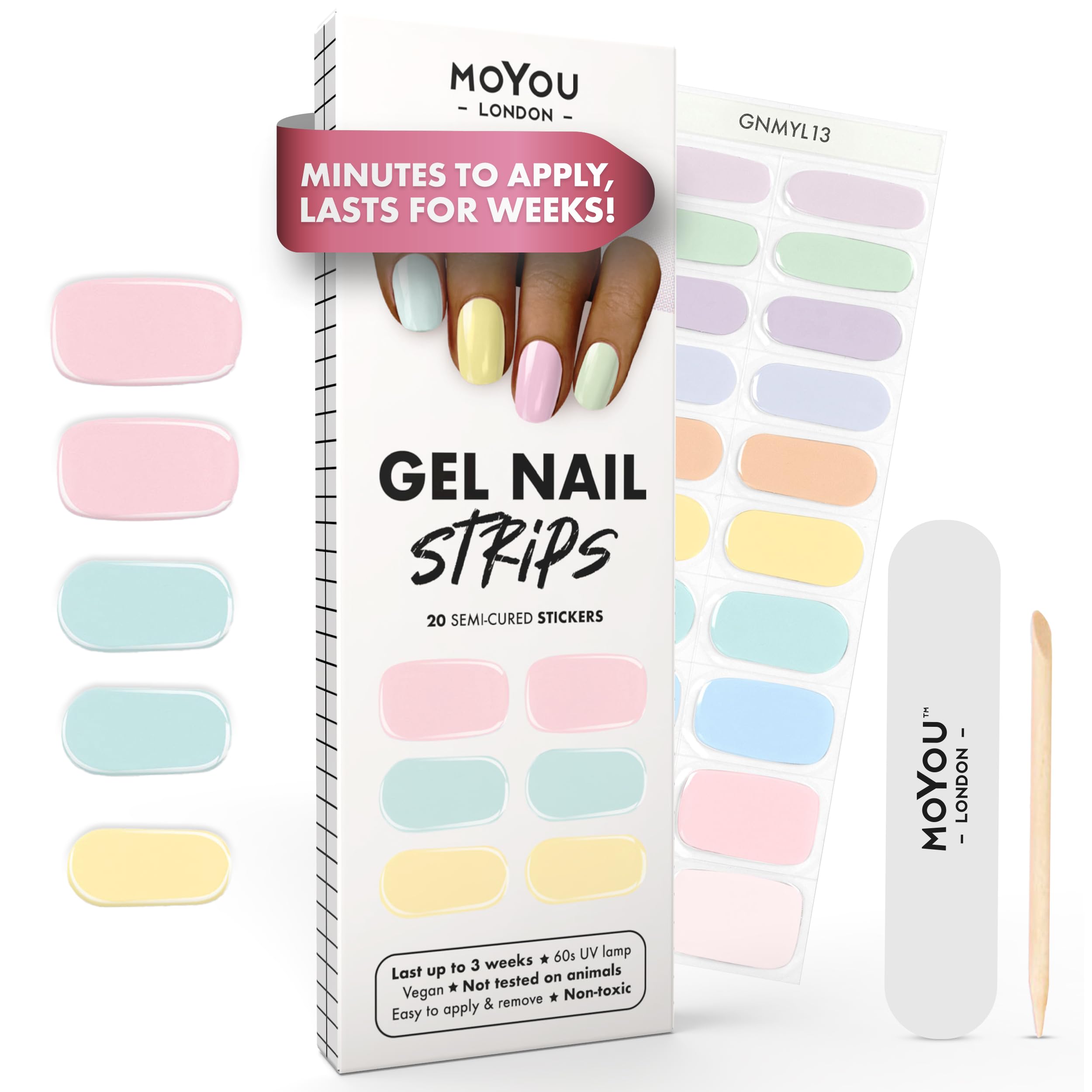 MOYOU LONDON Semi Cured Gel Nail Strips - 20 Pcs. Waterproof Gel Nail Wraps, Cures in Sunlight or UV/LED Lamp, Lasts Up to 2+ Weeks, Stretchable, Easy