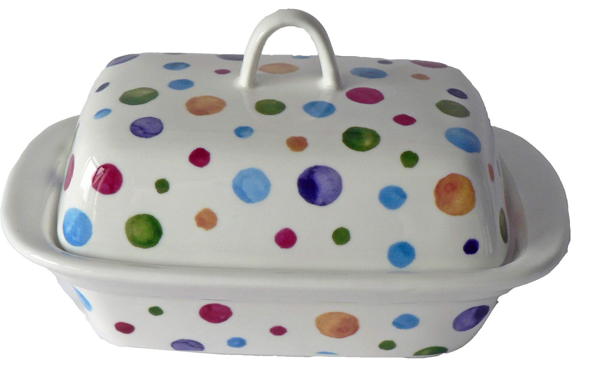 crackinchina Spots butter dish - Hand sponged style spots on white porcelain butter dish decorated on lid and sides