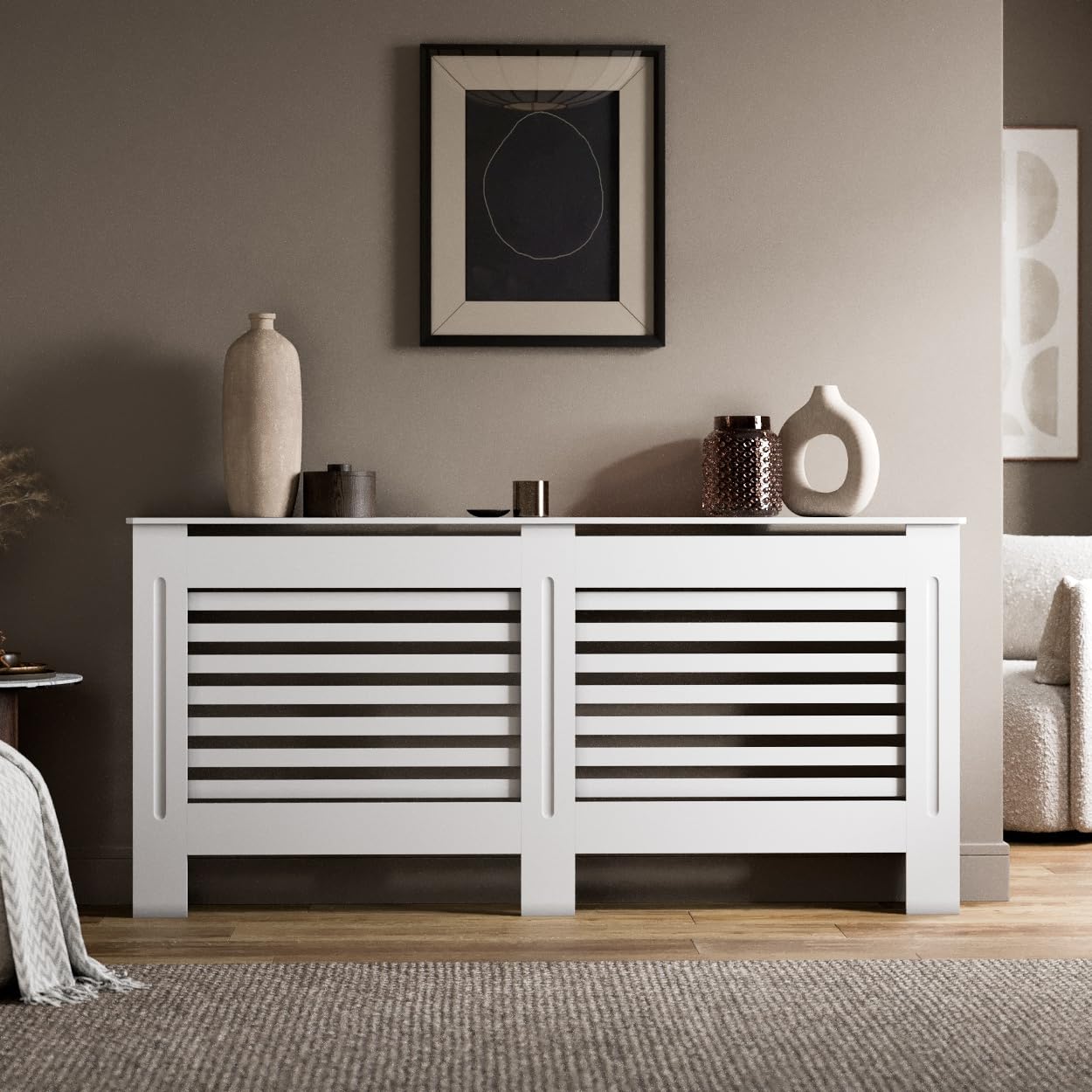 Radiant Living White Radiator Cover Horizontal Slat Design, Modern Mdf Radiator Cabinet For Living Room & Bedroom, Extra Large 172 X 81.5 X 19Cm